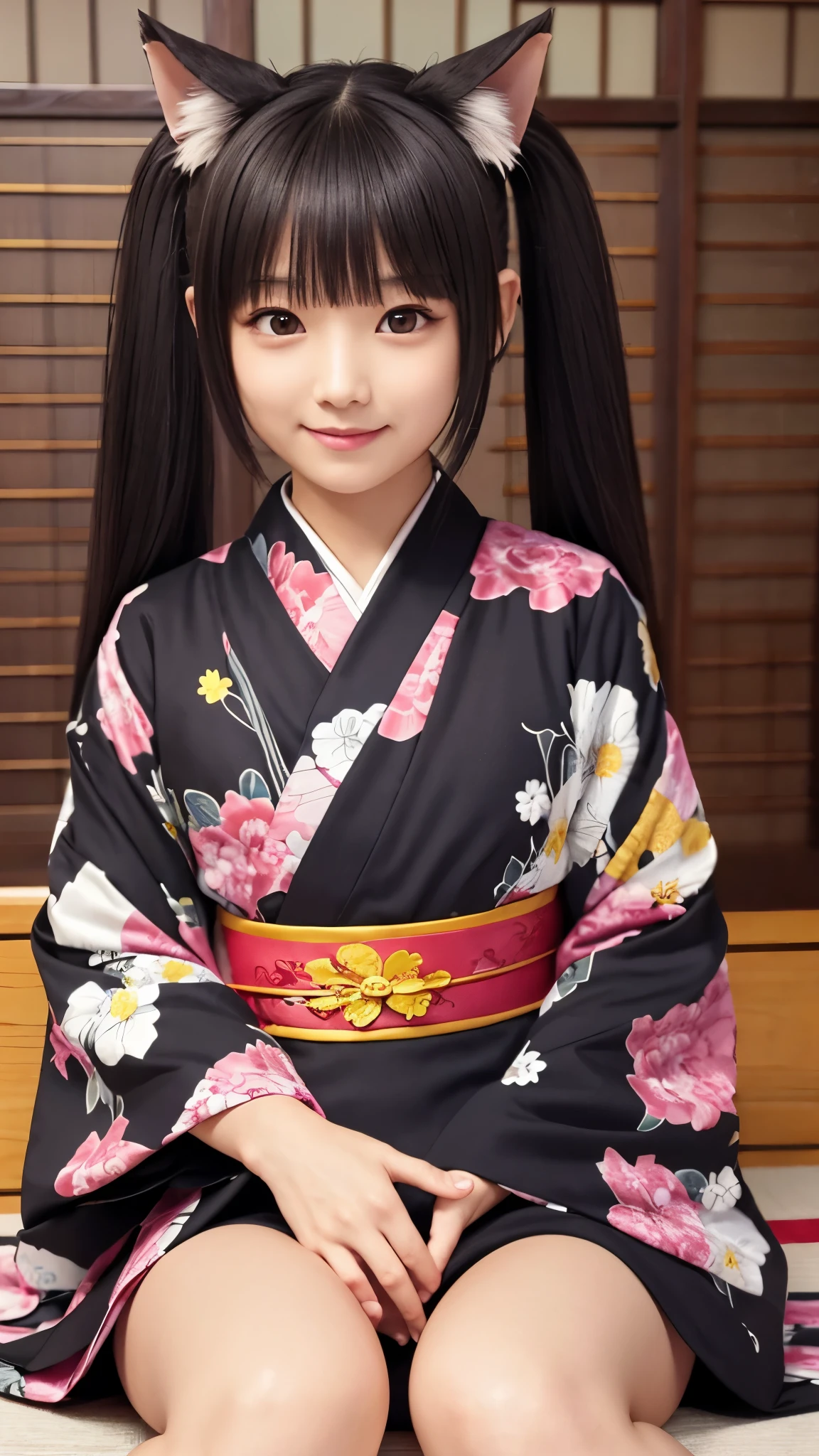 ((Best Quality、8k))、Cat girl、Very detailed、High resolution、Realistic、Dark Eyes、Dark Eyes、Black Eyes、smile、
、A well-defined nose、Intricate details、kimono、Twin tails、Cat ears、sit on a cushion、Lucky catのポーズ、Raising his right hand、The left hand is placed on the knee、Hands are holding、Lucky cat、Lucky cat、Black Eyes、