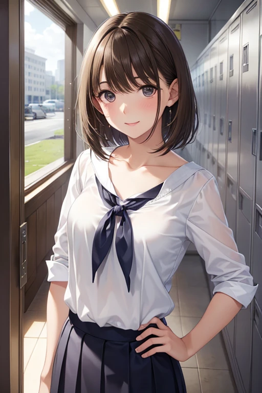 classroom, Baby Face, Young face, Young body, girl, Brown Hair, short hair, White blouse, dark blue skirt, a highly detailed anatomical masterpiece, ultra-high quality, 8k