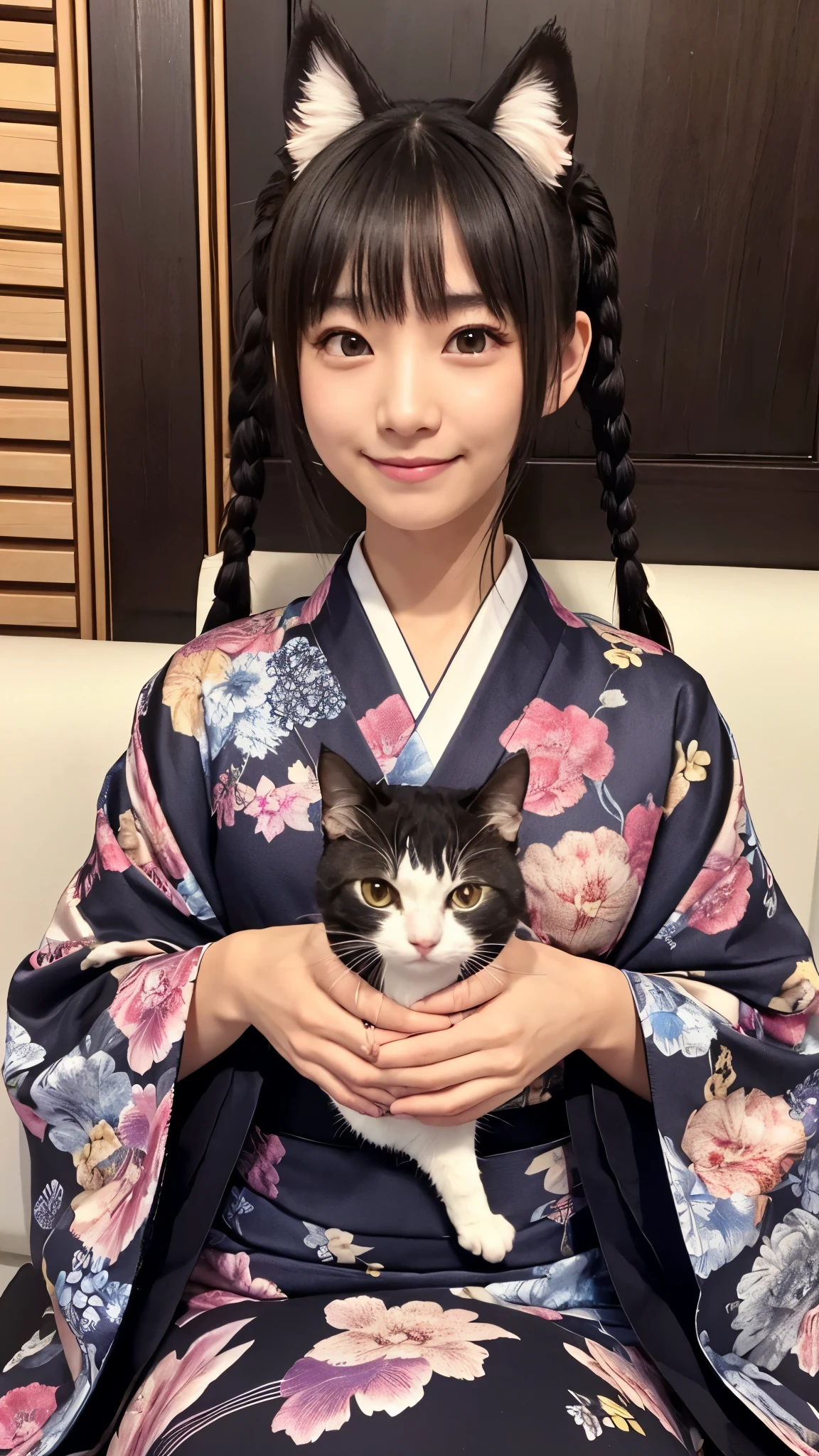 ((Best Quality、8k))、Cat girl、Very detailed、High resolution、Realistic、Dark Eyes、Dark Eyes、Black Eyes、smile、
、A well-defined nose、Intricate details、kimono、Twin tails、Cat ears、sit on a cushion、Lucky catのポーズ、Raising his right hand、Hands are holding、Lucky cat、Lucky cat、Black Eyes、