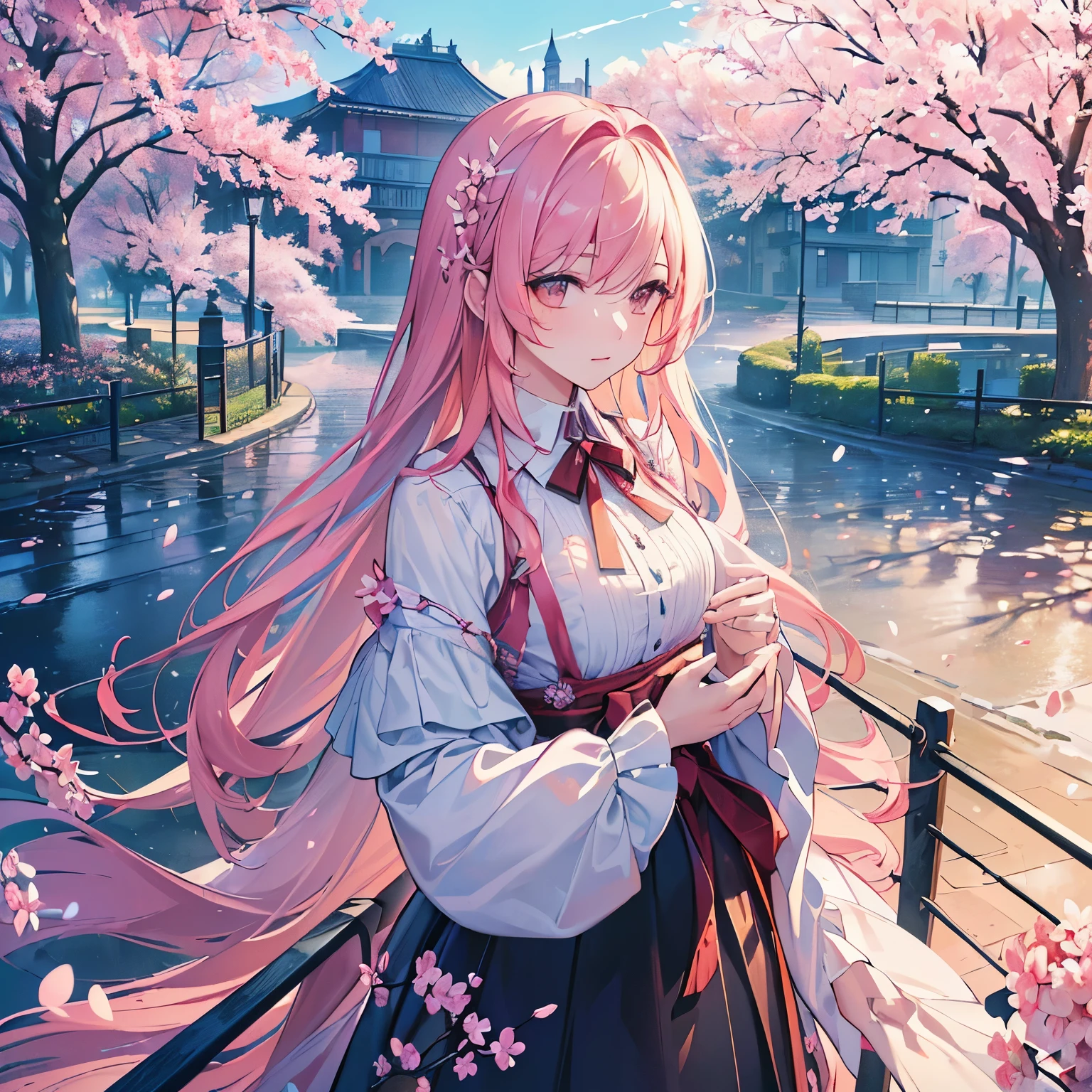 ((Ultra-realistic details.) (masterpiece, high quality, Best Quality Official Art, Beauty and aesthetics: 1.2), Very detailed, Colorful, The most detailed, Branches, architecture, Barbed Wire, cherry blossoms, Fence, Long hair, Outdoor, petal, Landscape Rain, Trees, Sky, street, True