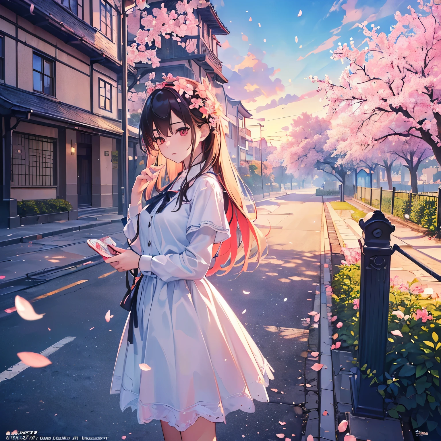 ((Ultra-realistic details.) (masterpiece, high quality, Best Quality Official Art, Beauty and aesthetics: 1.2), Very detailed, Colorful, The most detailed, Branches, architecture, Barbed Wire, cherry blossoms, Fence, Long hair, Outdoor, petal, Landscape Rain, Trees, Sky, street, True