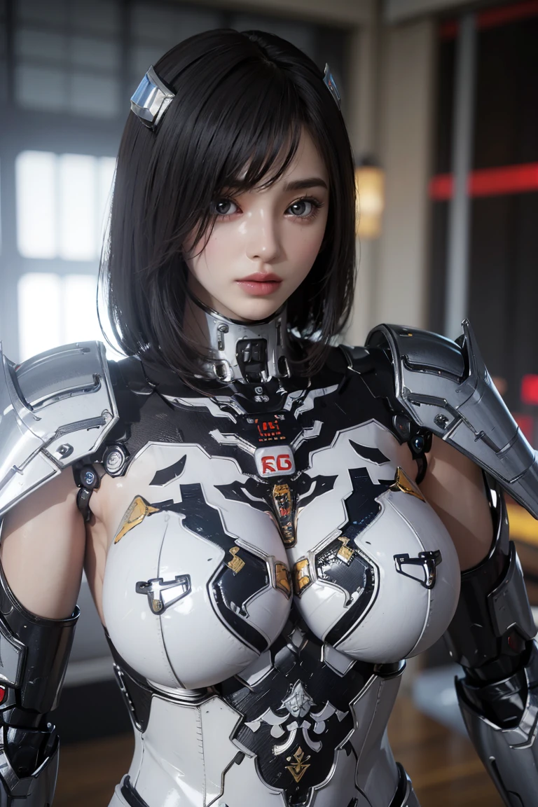 masterpiece、Best Quality、Highest quality、High resolution、Real、RAW Photos、8k、One Woman、solo:1.5、Petite Girls、Black Hair、Short Hair、Bright dark blue eyes、Long eyelashes、Sharp Eye、Thin Nose、Beautiful Face、Slender body、Android Girl:1.5、Machine Body、nsfw、(Mecha Armor:1.5)、(Lower body exposed、topless:1.5)