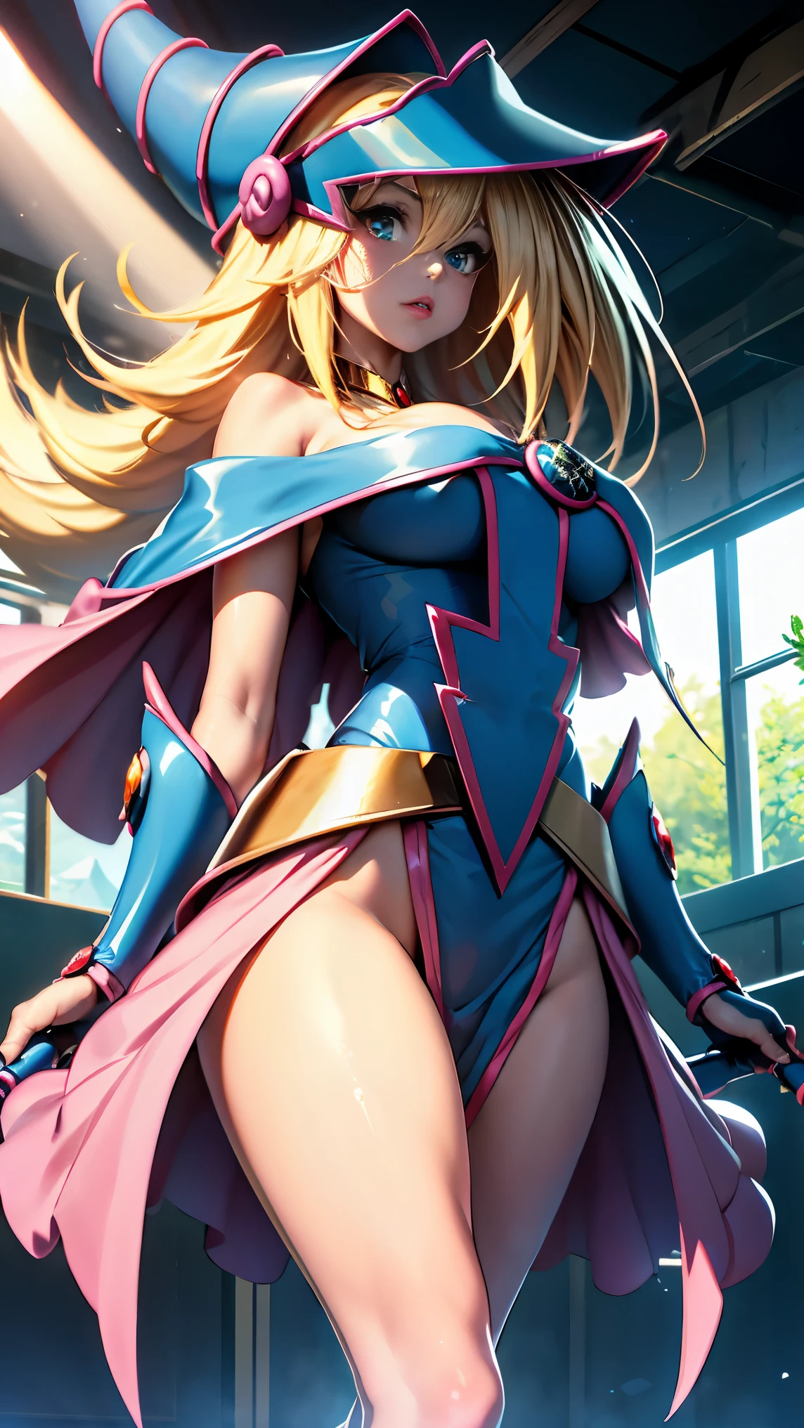 Black Magician Girl、super breasts、thick thighs、blonde hair、magic circle、8K, 4k, highest quality, High resolution: 1.2)、Nipples exposed、cute anime face、Pink blush on cheeks、noise removal、Leotard that bites into、Turning around、full body portrait、T-back that digs into your butt、Glowing green eyes、Laughter、遊戯王