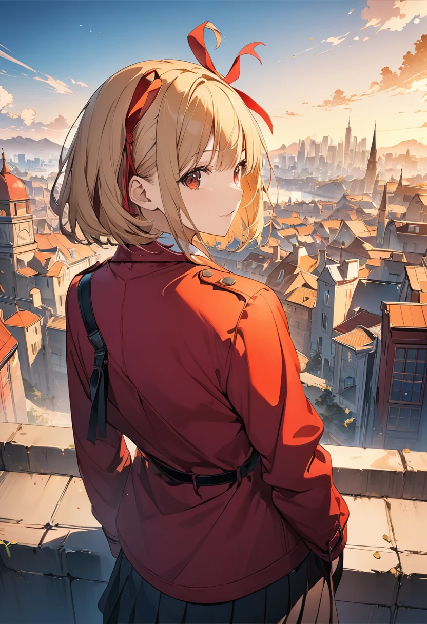 masterpiece, best quality, illustration, 8k wallpaper, city, AND masterpiece, best quality, illustration, 8k wallpaper, red_jacket, ribbon,red_eyes,blond hair,short hair,hair_ribbon,smile, arms behind back,