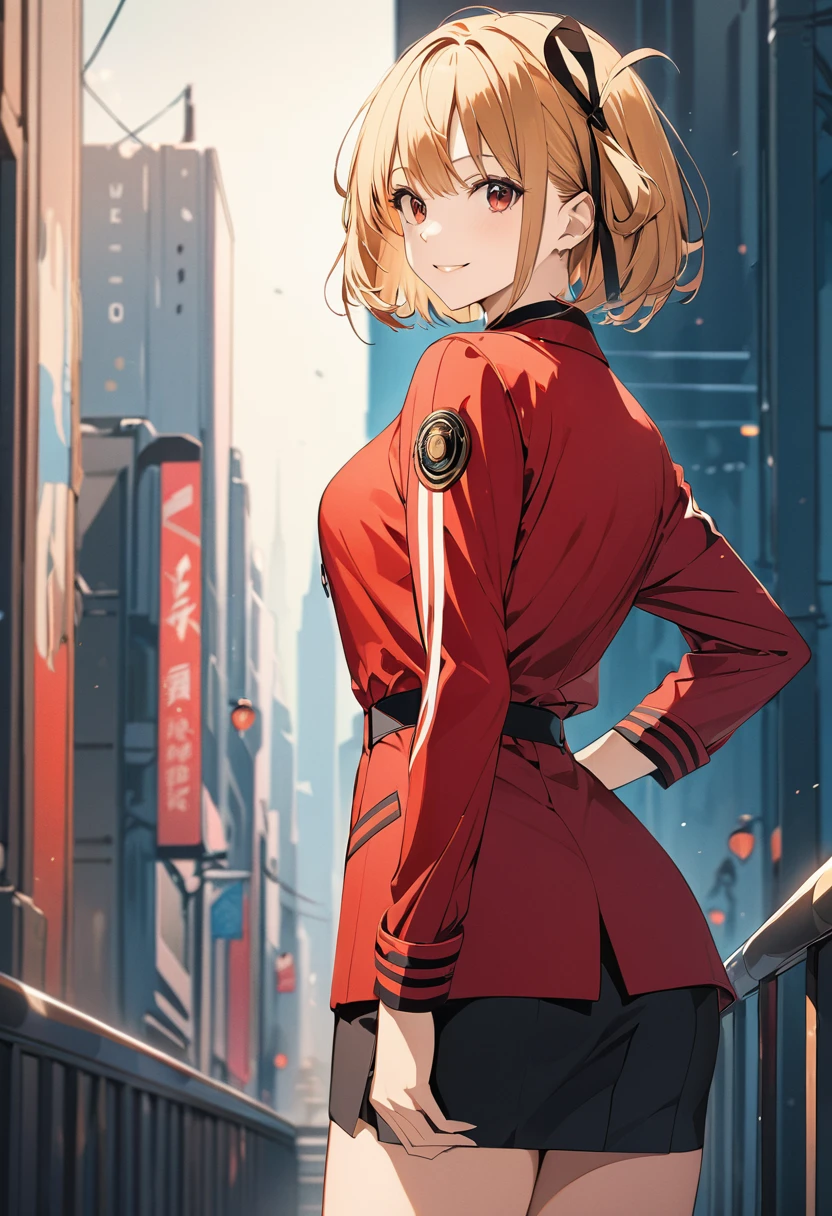 masterpiece, best quality, illustration, 8k wallpaper, city, AND masterpiece, best quality, illustration, 8k wallpaper, red_jacket, ribbon,red_eyes,blond hair,short hair,hair_ribbon,smile, arms behind back,