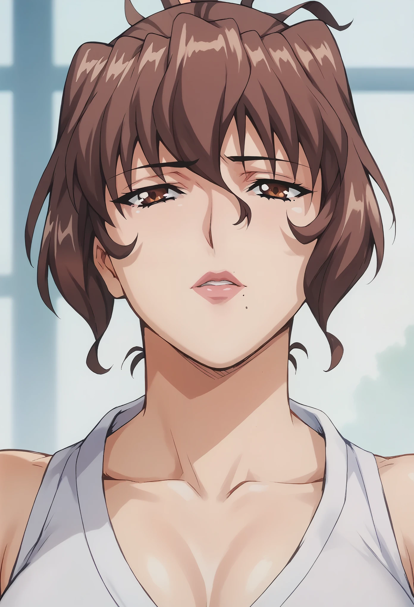 Katsuragi Aiko, 1girl, mature female, brown hair, short hair, brown eyes, mole under mouth,

