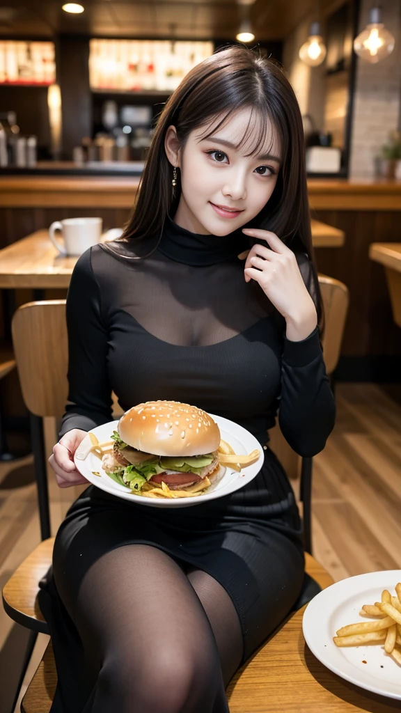 masterpiece, Ultra-high resolution, 4K, Best Quality, 1 person, (whole body), Beautiful and exquisite face, Beautiful, smooth skin, Skin Texture, Baby Face, Dynamic pose, Medium Hair, Stylish family restaurant, meal,Long sleeve shirt, Long skirt, Sitting in a chair,  hamburger, French fries