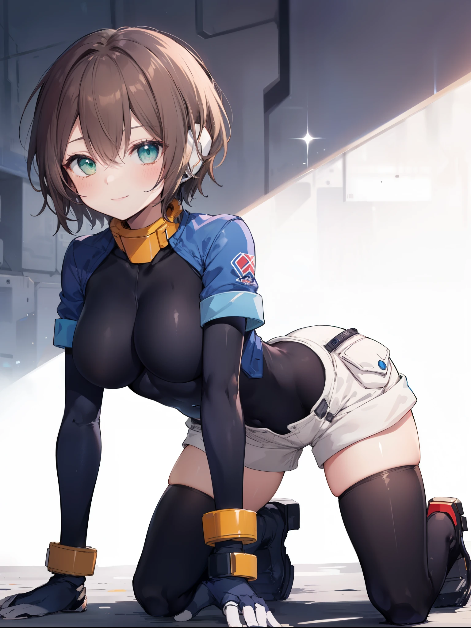 aile_megamanzx, kneeling with hands on the ground and , 1girl, solo, short hair, brown hair, short sleeves, (bodysuit), robot ears, green eyes, short_shorts, short sleeves, short over long sleeves, smile, in futuristic city, , high quality, large_breasts,crotch, slouch,on_all_fours,