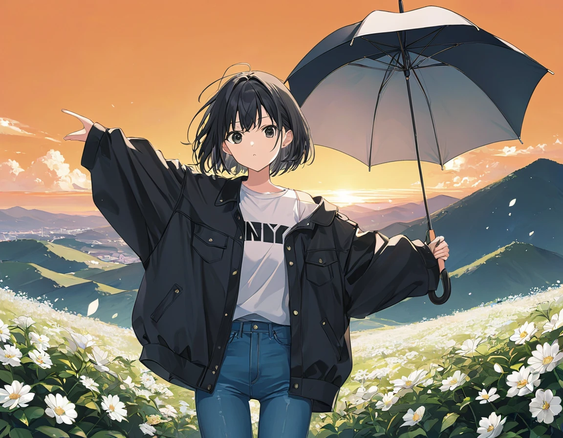 Anime Style,Woman holding an umbrella,Standing on the mountain top,White flowers blooming,Black Hair,Short Bob,Blowing in the Wind,Black Eyes,Shining Eyes,Shining Eyesのハイライト 白いシャツ,Wear a black drop shoulder jacket,Wearing jeans, stern expression,Disgust,A scene from youth, emphasizing women,The background is an orange sunset,it&#39;s raining,Flying crow,Low Angle,View from afar,A masterpiece with a moderately blurred background,Best Quality,Exquisite,8k,Absurd,Ultra-detailed illustrations,(Watch the audience)