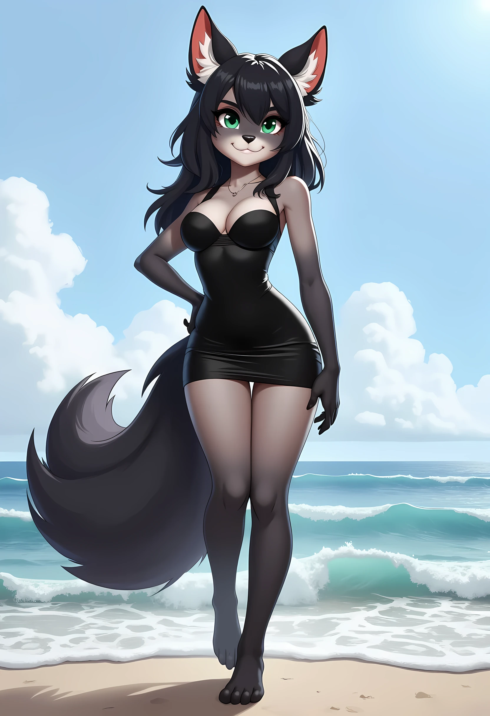 digital painting. beautiful anthro furry girl in black dress, she standing, she is on beach, full body, masterpiece, best quality, professional artist's work, pixiv, kemono, black fur, body fur