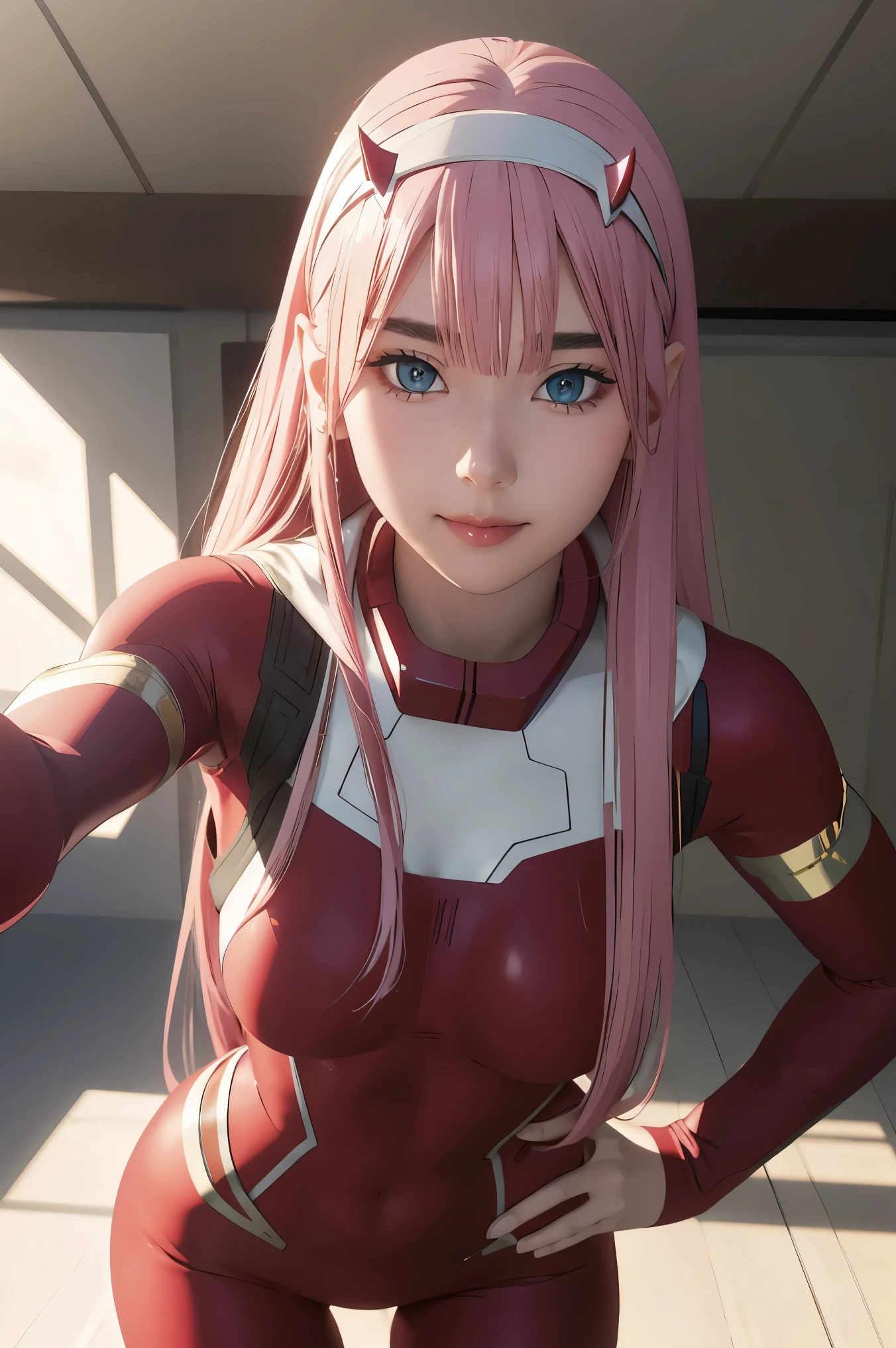 ((best quality)),((highly detailed)),masterpiece,absurdres,detailed face,beautiful face,((detailed eyes, deep eyes)),(1girl),((dynamic pose)), Zero_Two, green eyes, 1girl, solo, red bodysuit, long hair, pilot suit, pink hair, bodysuit, straight hair, hairband, standing, horns, breasts, bangs, closed mouth, looking at viewer, medium breasts, white hairband, skin tight, blunt bangs, makeup, eyeshadow, very long hair, sidelocks, expressionless, hair between eyes, red horns, shiny hair, towards viewer, smile,