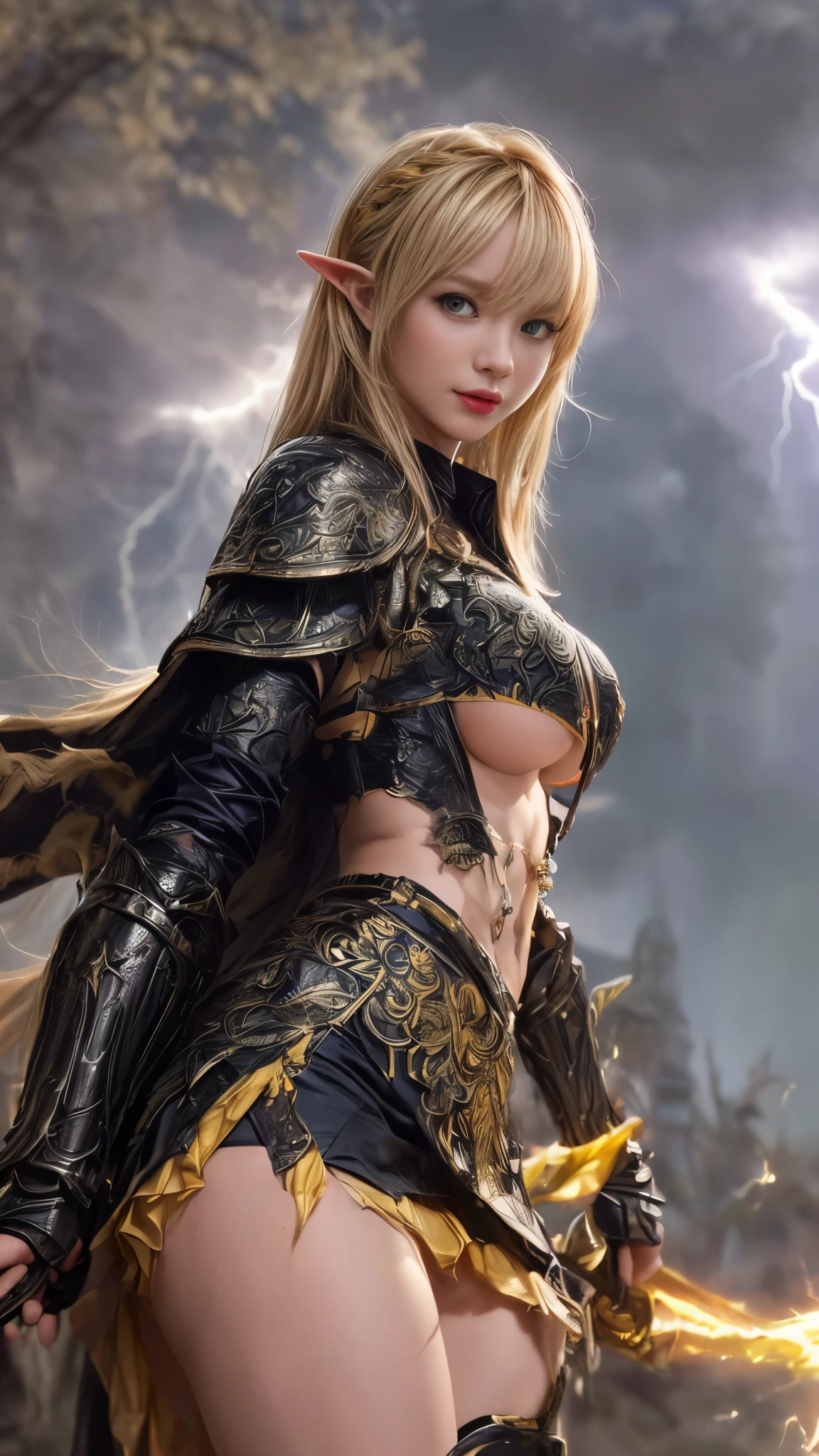 (((Yellow Raijin-themed armor)))、Elf in Thunder Armor、Pointed Ears、I can see the ears、 (((Spear))), ((Lightning effect))、Very beautiful woman、Slender women、(Detailed face)、Realistic Skin、((Delicate photo)),(Girls Masterpiece RAW Photo Details:1.25), (Best Quality:1.6), (Ultra-high resolution:1.5), (Realistic:1.75),8k resolution, ,50mm,Absurd, Very detailed,Cinema Lighting、(((Very detailed armor)))、(Yellow Cape)、((Blunt bangs))、(((Side Tail)))、(((((Lightning magic behind:1.3)))))、(((Too much exposed skin)))、((Lightning is flashing))、(((Big Boobs)))、((Yellow Eyes))、(((Yellow and black multi-colored hair)))、(((Two-tone hair)))、((smile))、(blunt bangs)、((((Micro Mini Skirt))))