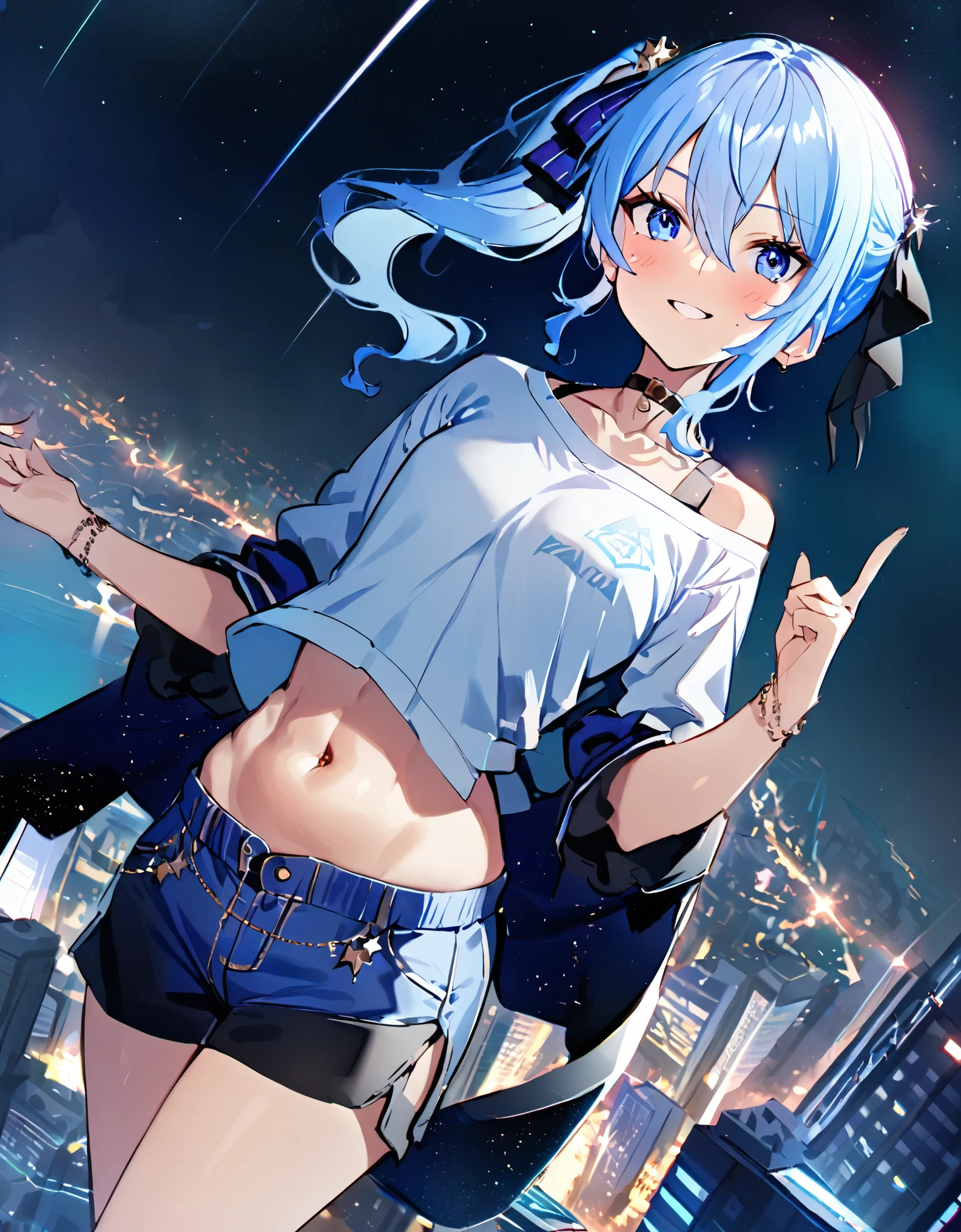 (8k、Best image quality、highest quality、masterpiece)、Detailed face、 1teen_girl、Blue Hair、Long Hair、sideponytail、dark_blue_eyes、smile,(navel_peek)、(small_breasts:0.8),(White_short_T-shirt:1.3)、Off the shoulder、Black shoulder straps、(open_front_shorts,denim_short_shorts:1.2)、City Background, starry_sky_landscape ,hoshimachi suisei,(covered_nipples:0.3), (belly_button:1.2),nihil,solo,stargaze,girl_looking_up_sky,slender,solo,boots,abs, tight_waist, point_to_sky