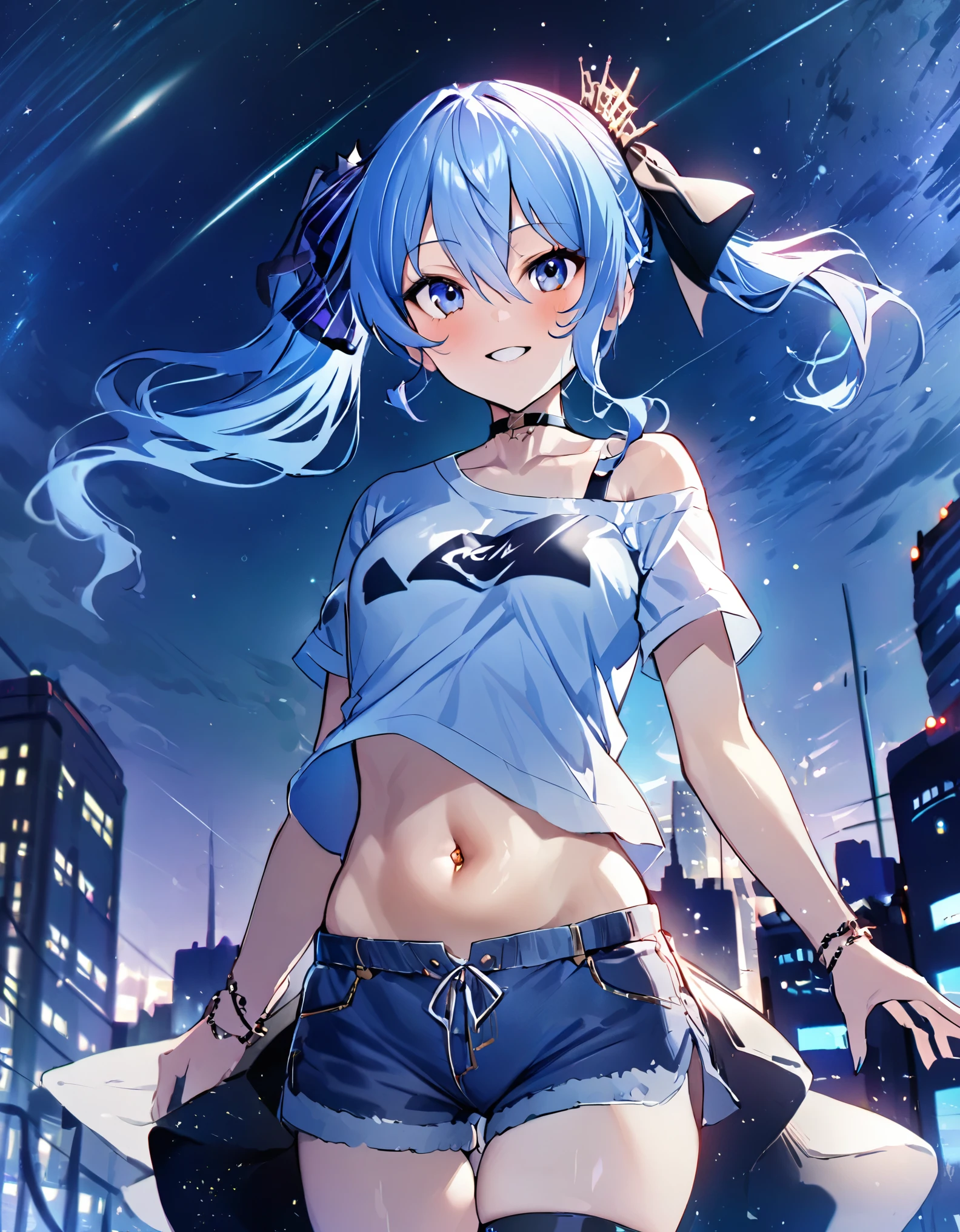 (8k、Best image quality、highest quality、masterpiece)、Detailed face、 1teen_girl、Blue Hair、Long Hair、sideponytail、dark_blue_eyes、smile,(navel_peek)、(small_breasts:0.8),(White_short_T-shirt:1.3)、Off the shoulder、Black shoulder straps、(open_front_shorts,denim_short_shorts:1.2)、City Background, starry_sky_landscape ,hoshimachi suisei,(covered_nipples:0.3), (belly_button:1.2),nihil,solo,stargaze,girl_looking_up_sky,slender,solo,boots,abs, tight_waist, point_to_sky