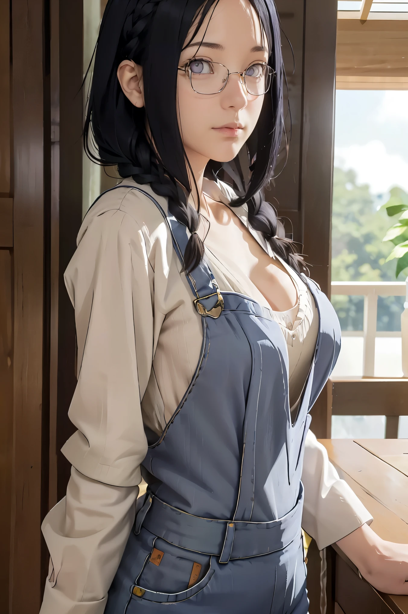 tmasterpiece, best qualityer, ultra - detailed, illustration,1girll,
long whitr hair,dark-blue hair,french braid,Purple eye,bluntbangs,cleavage,Large breasts
shirt,(jeans overalls:1.1),
mideum breasts,
looking at viewert,hyouka/(Boruto/),Detailed lips
