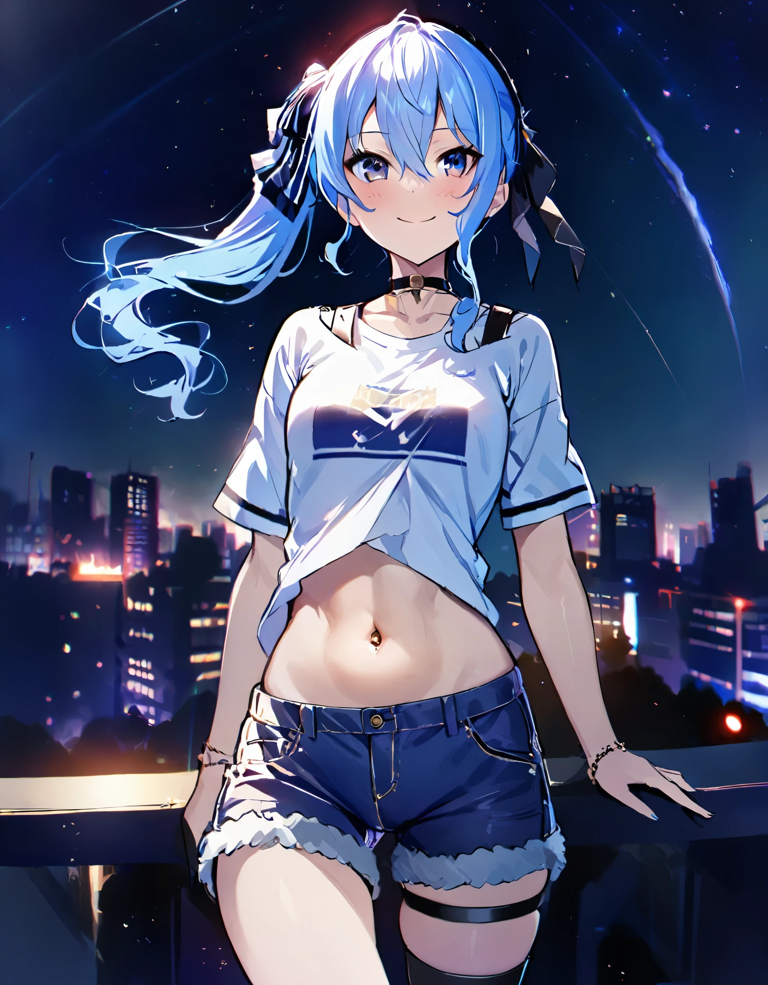 (8k、Best image quality、highest quality、masterpiece)、Detailed face、 1teen_girl、Blue Hair、Long Hair、sideponytail、dark_blue_eyes、smile,(navel_peek)、(small_breasts:0.8),(White_short_T-shirt:1.3)、Off the shoulder、Black shoulder straps、(open_front_shorts,denim_short_shorts:1.2)、City Background, starry_sky_landscape ,hoshimachi suisei,(covered_nipples:0.3), (belly_button:1.2),nihil,solo,stargaze,girl_looking_up_sky,slender,solo,boots,abs, tight_waist, point_to_sky