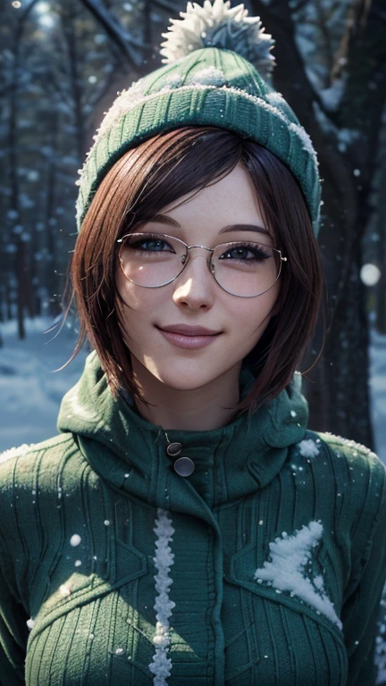 portrait, close-up, upper body. Short, red hair, green eyes, glasses with metal frames, green knitted hat, green jacket, joyful smile, cheerful girl . (masterpiece, top quality, best quality, official art, beautiful and aesthetically pleasing:1.2), extremely detailed,(fractal art:1.2),Colorful,The most detailed, (dynamic pose), (winter background:1.5), (Lots of snow:1.4). ((SPLIT. Skin texture, Shiny skin. elegance. photorealism. unreal engine. 3D model. Ultra high quality textures. High detail. permission 8k))