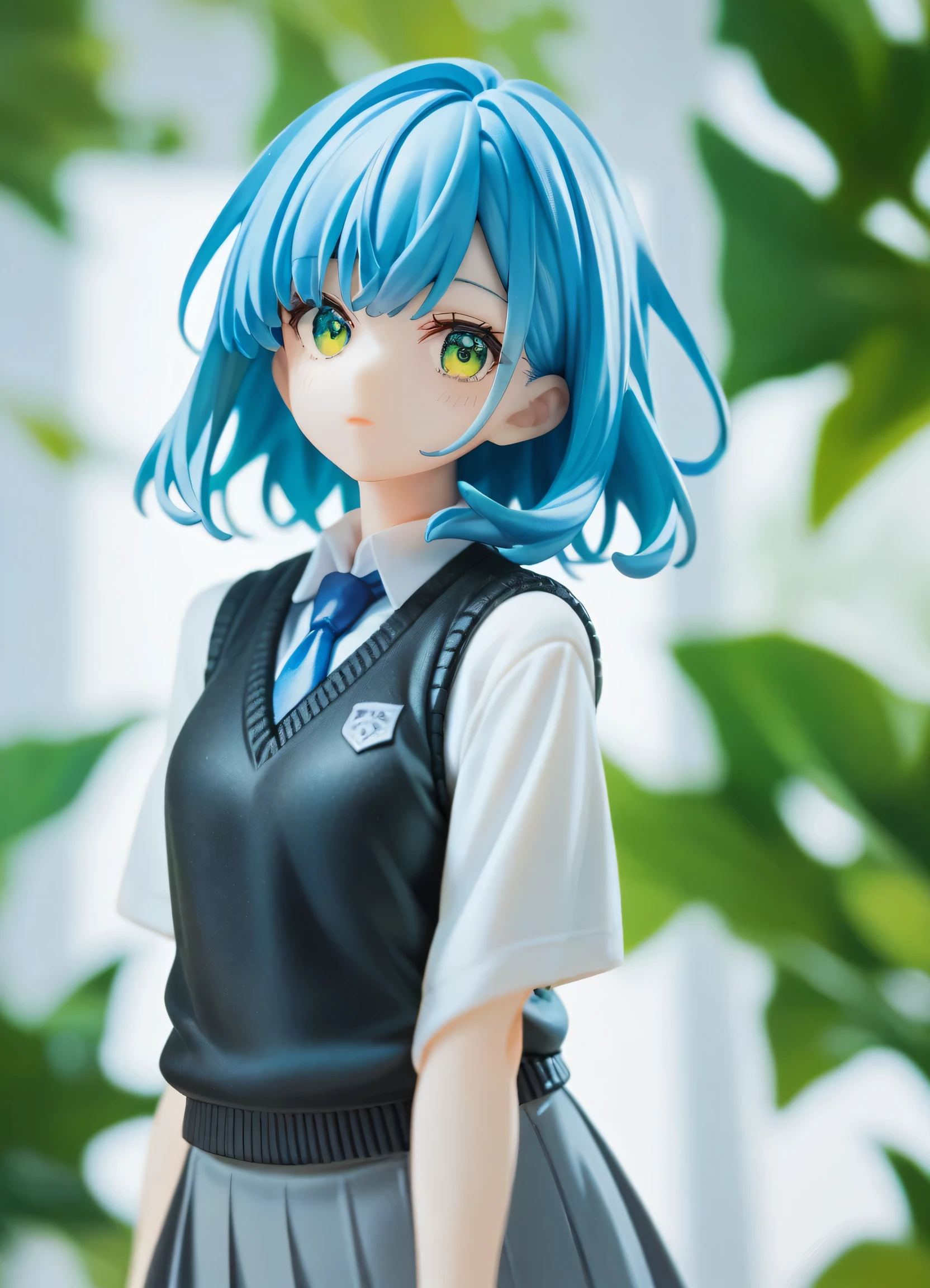 masterpiece, high quality, 1girl, solo, green eyes, medium_hair, white shirt, sweater vest, black vest, blue necktie, grey skirt, cowboy shot, looking at viewer, anime, blue hair,