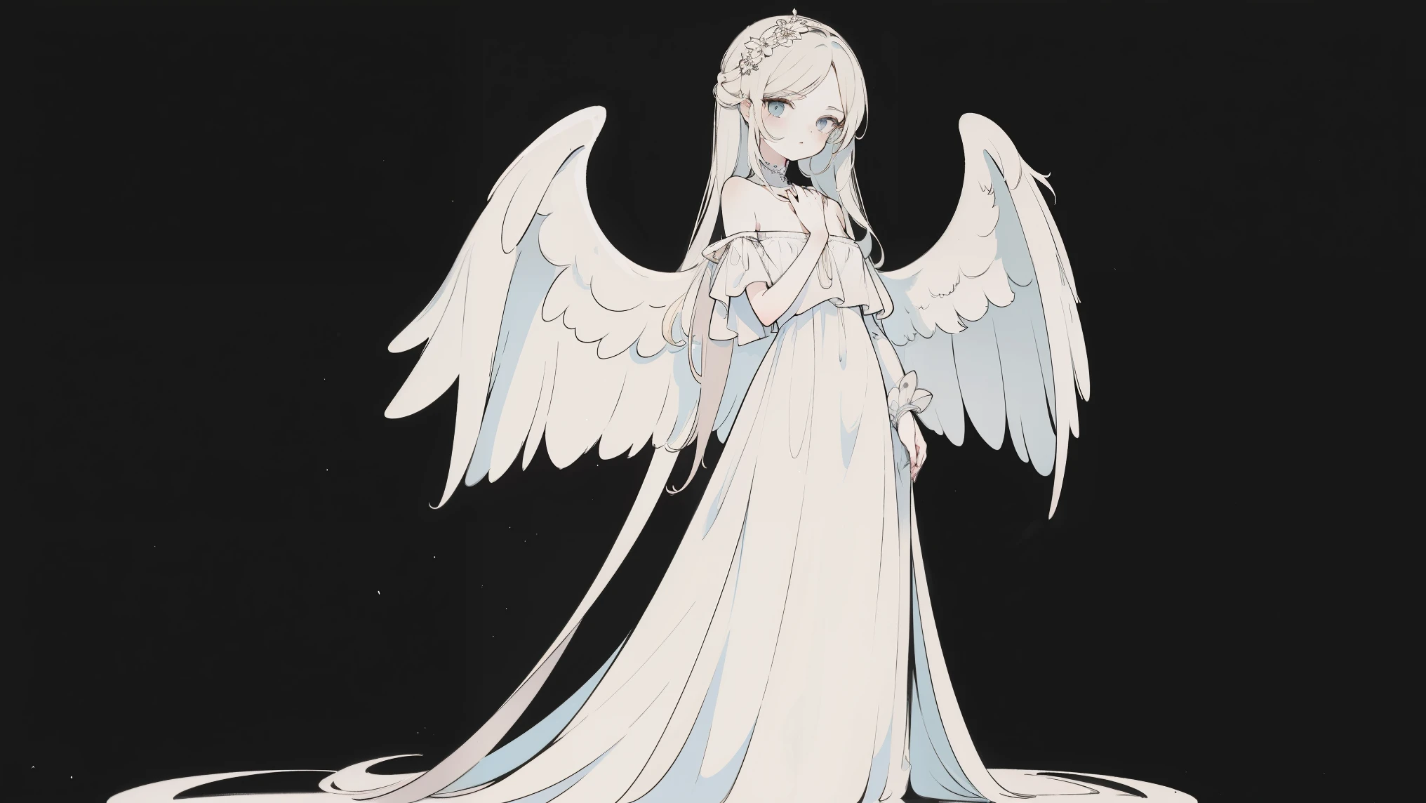 Full body portrait of 1 girl, angelicales, Angel wings, Gorgeous long dress, standing on your feet, (((solo))), Clear facial features, Simple line design, ((Solid black background)), tarot design, Standing drawings of characters, ((flatcolors)), (tmasterpiece，top Quority，best qualtiy，Ultra-high resolution，Clear facial features，beautidful eyes，beauitful face)
