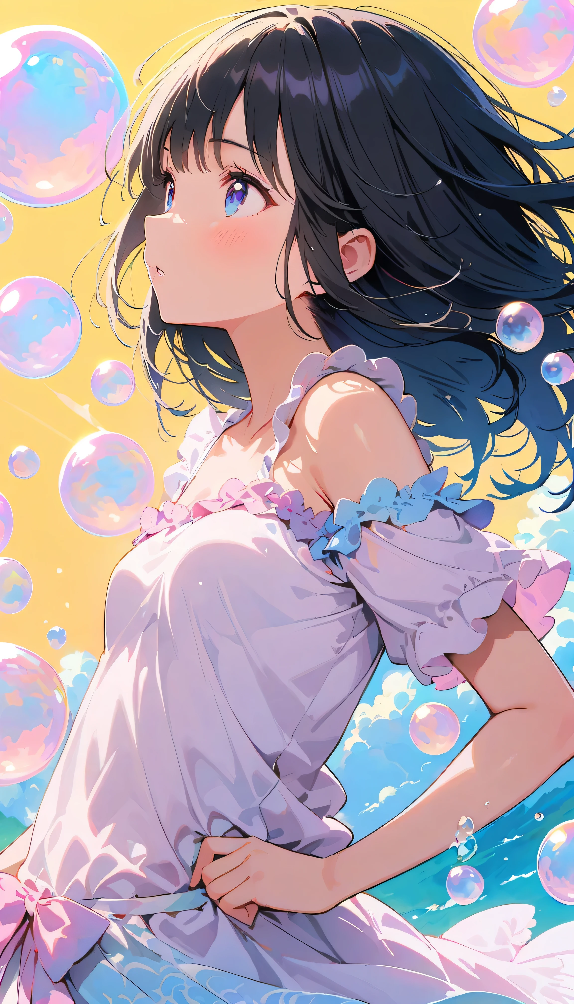 Best Quality, Super Fine, 8k, Unbelievably absurd, Very detailed, 2.5D, Beautiful Goddess, Soap bubbles, Pastel colored clouds, Sunshine, Pop Art, Delicate and dynamic, Pastel Color Fantasy, Black Hair, young, Small breasts, Official Art