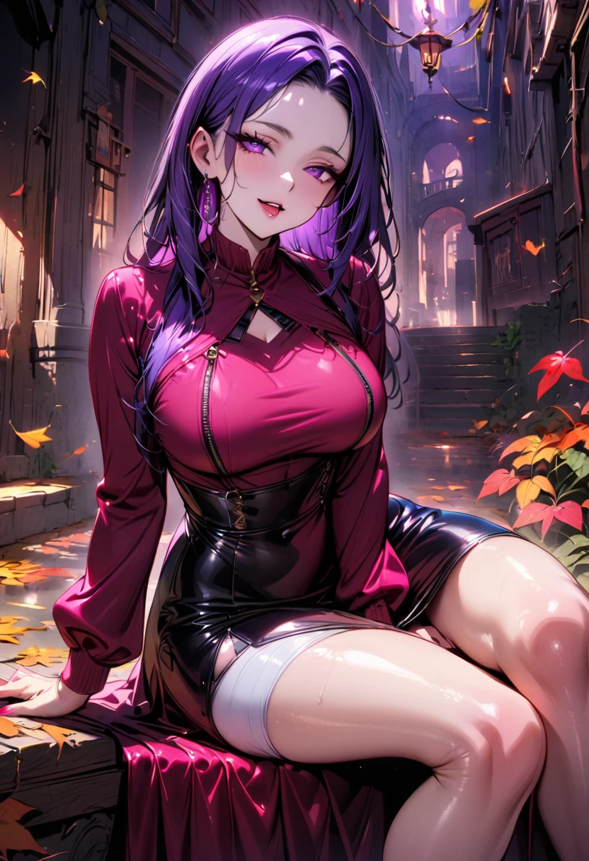 Young beautiful woman,(Best Quality,Extremely detailed depiction,Incredibly absurd high definition,Anatomically accurate,Curvy Legs,Detailed pupil,Shiny skin,Porcelain-like skin),(Chic color autumn clothes,Long skirt,tights),eyelash,(Purple Eyes,Half-closed eyes:1.5,Large Breasts,A seductive smile,Glossy lips,Flashy makeup,Seductive gestures,forward leaning posture,Mouth open),whole body:1.3,