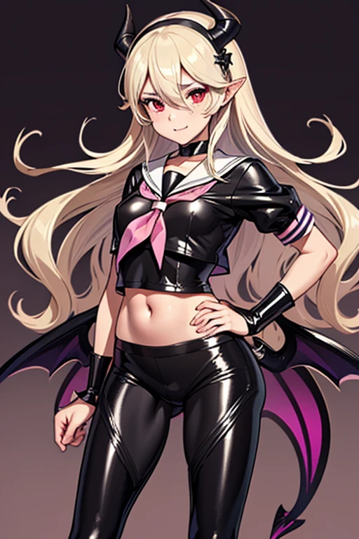 young, sexy evil demon, female corrin, pink and black latex sailor school uniform, fantasy background, slim body, only tight skimpy clothes, whore, slut, fuck, bat wings, blonde bitch, devil tail, devil wings, small girl, standing in a seductive way, full latex leggings, midriff, full body, beautiful, sexy girl, scary castle, thief