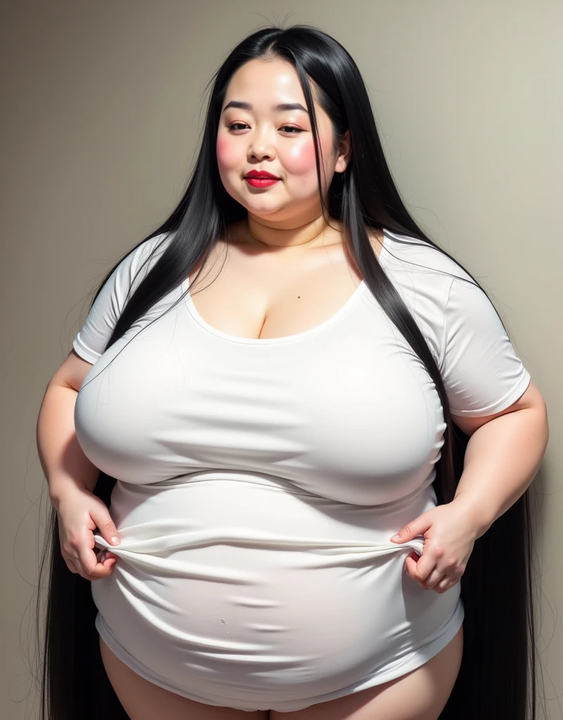 8k,Highest quality, masterpiece, Ultra-high resolution,(masterpiece:1.6, Highest quality), Intricate, Mature women in their 50sJapanese, alone, full body, top of head,((Absurdly Long hair:1.5)),jet Black Hair, (forehead:1.3), (Extremely obese:1.4), (Fat face:1.2), (round face:1.2), (Saggy face:1.2), crow's feet wrinkies, (Relaxed body), (((Super huge breasts:1.7))), (((Saggy breasts:1.7))), ((Abnormally long, beautiful black hair that reaches down to her heels:1.5)), ((Her excessively long black hair reaches the ground:1.5)), ((pale skin, shiny skin, Smiling happily,heavy makeup, pink cheek, red lips, thick lips:1.1)),nsfw,((Mature woman pulls up her white T-shirt:1.2)),(Mature(Huge breasts with huge areolas sagging:1.3))