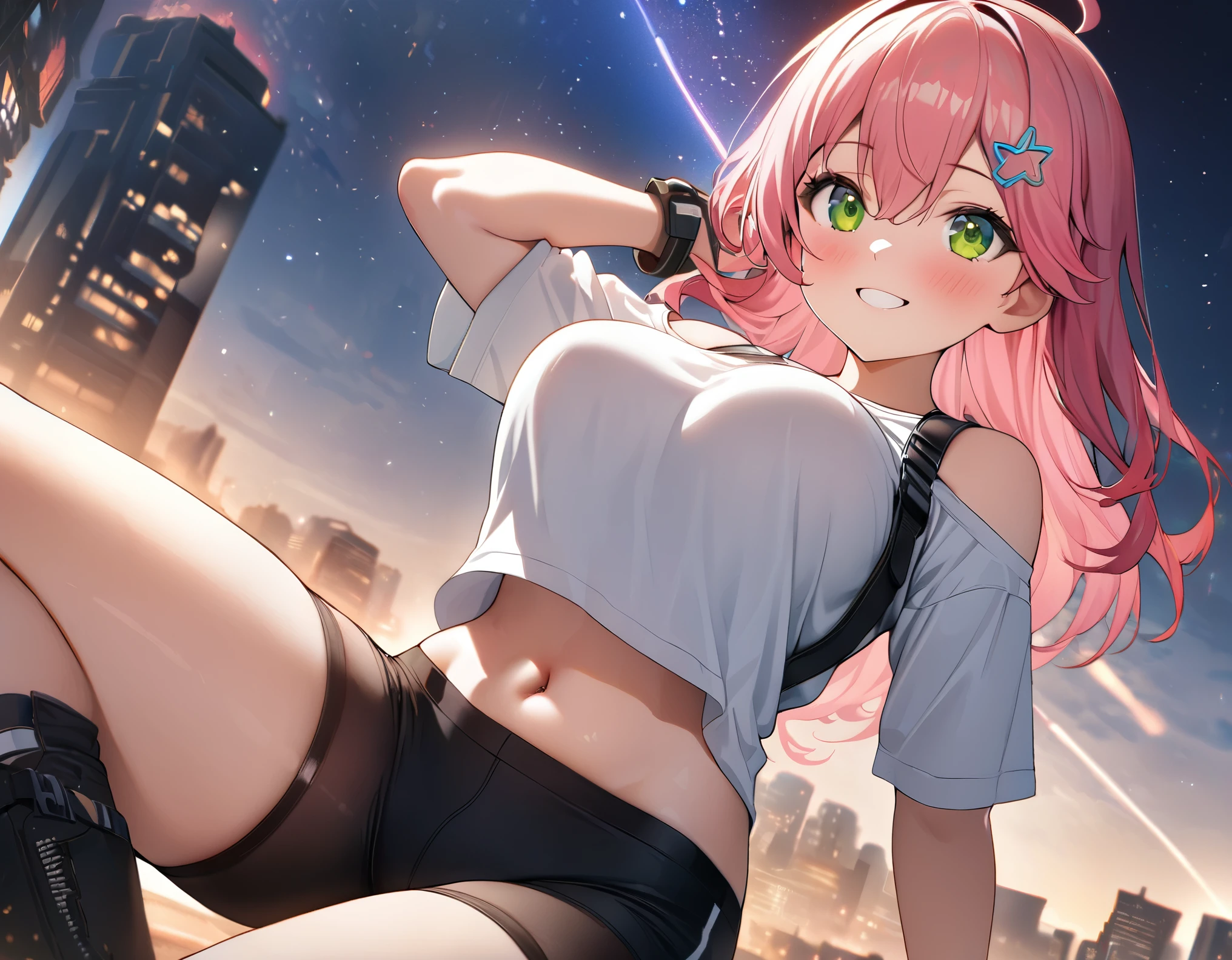 Pink hair,lassen,quadratic element,Cocked buttocks,On your stomach,Open legs,back to look back,magical girl,Indecent expressions, detailed face