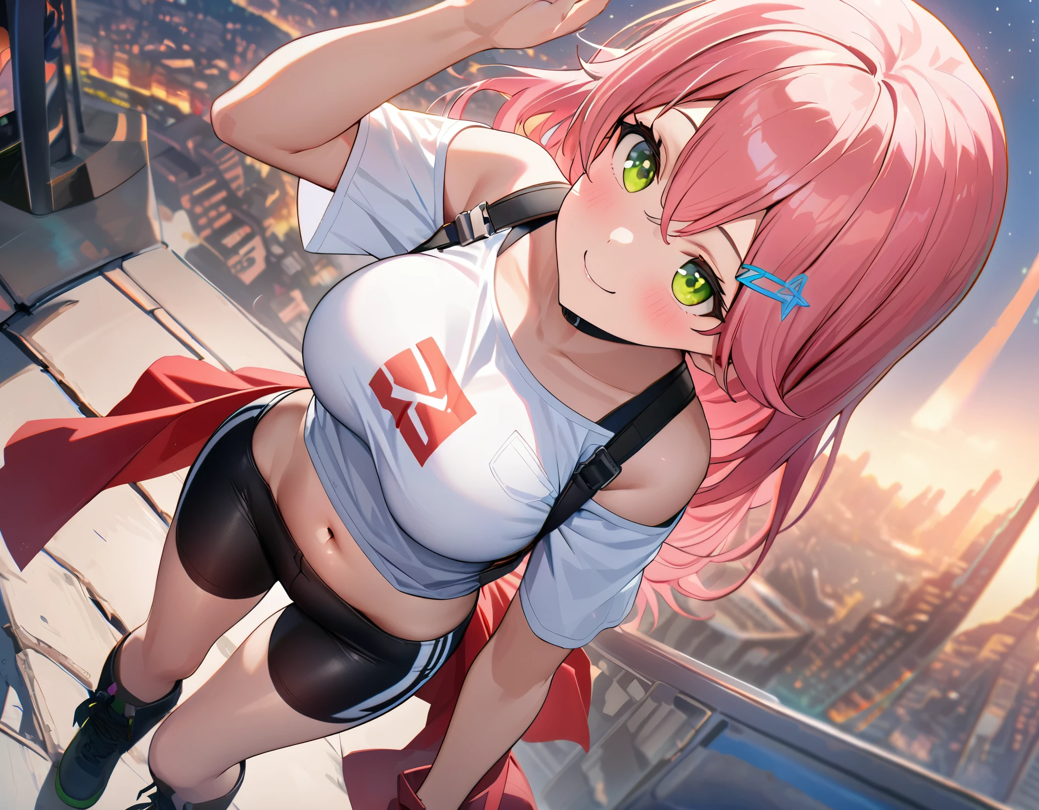 (8k、Best image quality、highest quality、masterpiece)、Detailed face、 1teen_girl、pink Hair、Long Hair、green_eyes、smile,(navel_peek)、(large_breasts),(White_short_T-shirt:1.5)、Off the shoulder、Black shoulder straps、(bike_shorts)、City Background, starry_sky_landscape ,sakura_miko,ho****ve,(covered_nipples:0.3),solo,stargaze,girl_looking_up_sky,shoot_boots,