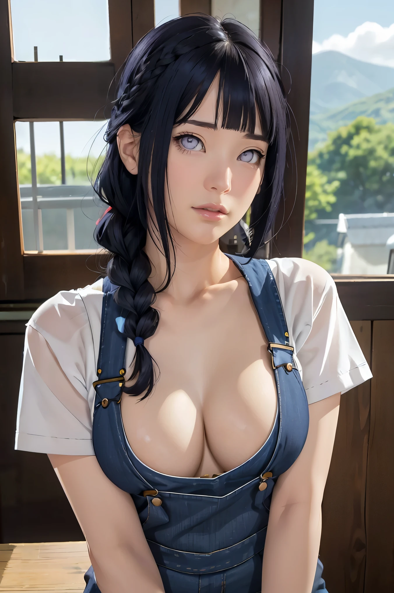 tmasterpiece， best qualityer， ultra - detailed， illustration，1girll，
long whitr hair，dark-blue hair，french braid，Purple eye，bluntbangs，cleavage，Large breasts
shirt，（jeans overalls：1.1），
mideum breasts， 
looking at viewert，hyouka/（Boruto/），Detailed lips