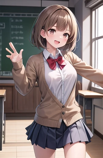 solo girl, 20 years old,dancing, medium hair, light brown hair, brown eyes, medium breast, laugh, happy,red bowtie,dark blue pleated skirt, long sleeves shirt, brown cardigan, indoors, school, Best Quality, High resolution, Extremely detailed, Detailed background, Perfect Lighting,大きい胸、
