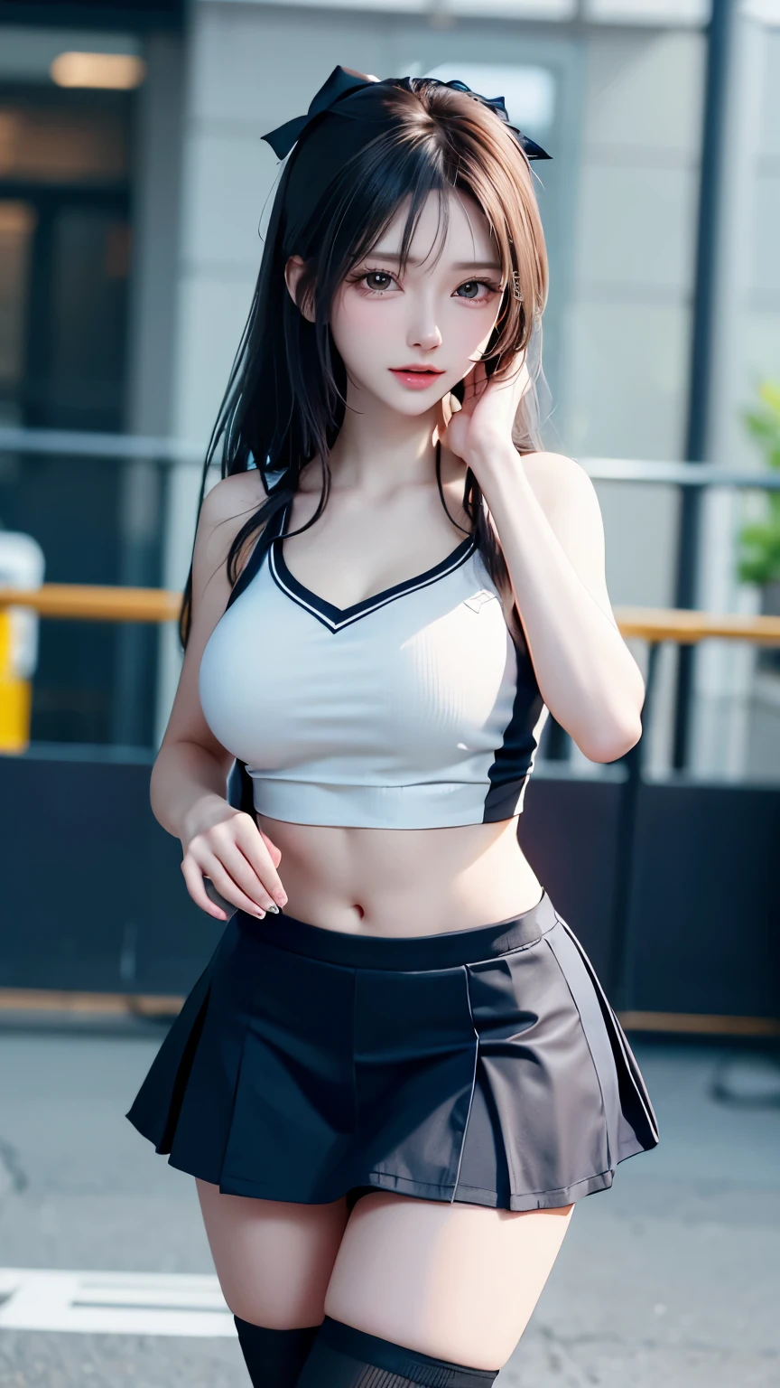 Top image quality、hight resolution、A detailed face、Beautiful Women in Perfect Style、narrow her eyes、cheer girl、Cheering Girl Skirt、big breasts thin waist、Slim legs,black thighhighs,Hold it big in your hand,jumpping,(detailed and beautiful eyes)