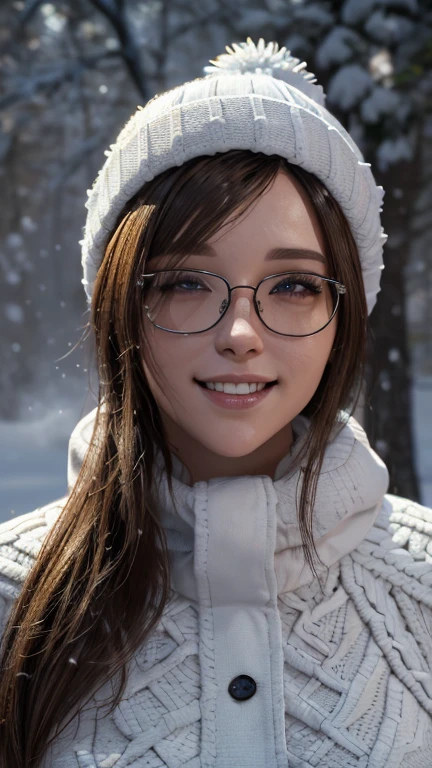 portrait, close-up, upper body. Short, red hair, green eyes, glasses with metal frames, green knitted hat, green jacket, joyful smile, cheerful girl . (masterpiece, top quality, best quality, official art, beautiful and aesthetically pleasing:1.2), extremely detailed,(fractal art:1.2),Colorful,The most detailed, (dynamic pose), (winter background:1.5), (Lots of snow:1.4). ((SPLIT. Skin texture, Shiny skin. elegance. photorealism. unreal engine. 3D model. Ultra high quality textures. High detail. permission 8k))