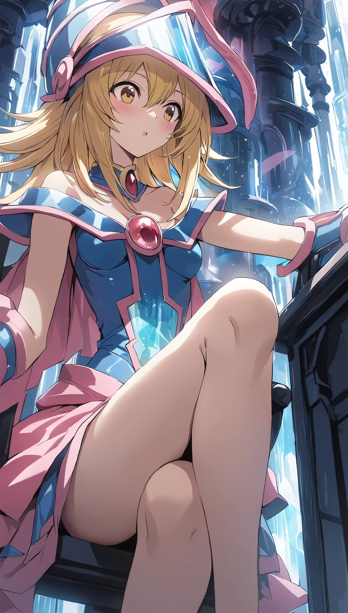 NSFW dark magician girl, glass cover, Upper part of the body, Side shot, Alternative color, Masterpiece, Detailed illustration, realist, Pixiv Top Quality, exquisite, {{{Cute 1dark magician girl}}}, Super beauty merging with the machine., Elaborate shabby chic pattern, Beautiful and bright woman, Half my body is made of machine., Transparent glass body, The inner machine is transparent., cinematic lighting, dynamic angle, dynamic pose, Crystal World, depth of field. Magic macaw at the bottom. magical hearts that show your body from head to toe, sit on the throne, sexy crossed legs, blonde hair