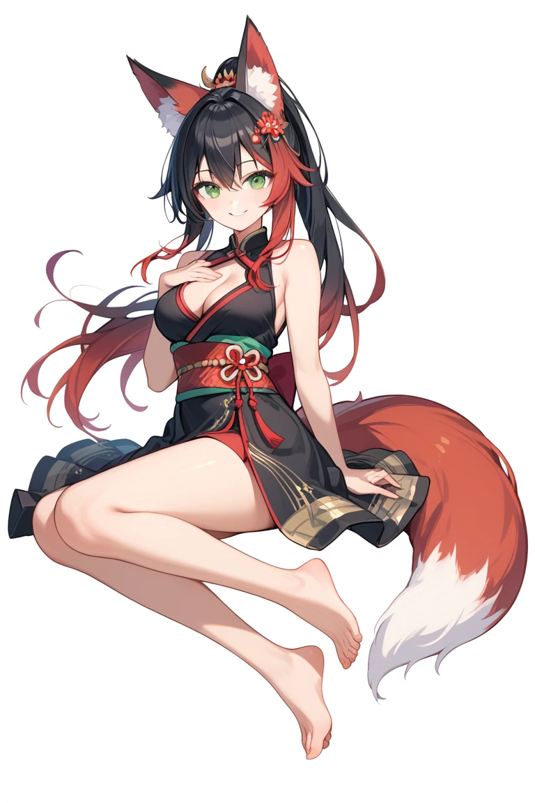 score_9,score_8_up,score_7_up,score_6_up,source anime,masterpiece,best quality,ultra detailed eyes BREAK 1girl,animal ears,green eyes,solo,tail,barefoot,breasts,soles,looking at viewer,fox tail,fox ears,multicolored hair,feet,long hair,white background,black dress,dress,toes,gradient hair,hair between eyes,black hair,simple background,sleeveless,full body,red hair,cleavage,ponytail,animal ear fluff,bare legs,fox girl,bare shoulders,hand on own chest,medium breasts,sleeveless dress,smile,bangs,sash,
