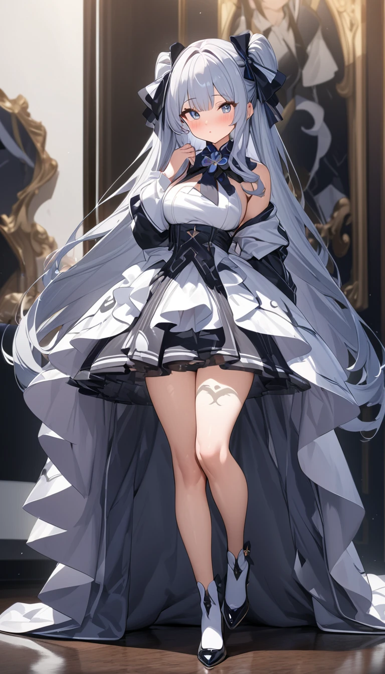 whiteと赤の中世のドレス, Super voluminous skirt, Round Princess Skirt, High throat, Cover the body from neck to toe, Covered neck, Wearing a long black fur jacket, white, translucent, Soft dress,