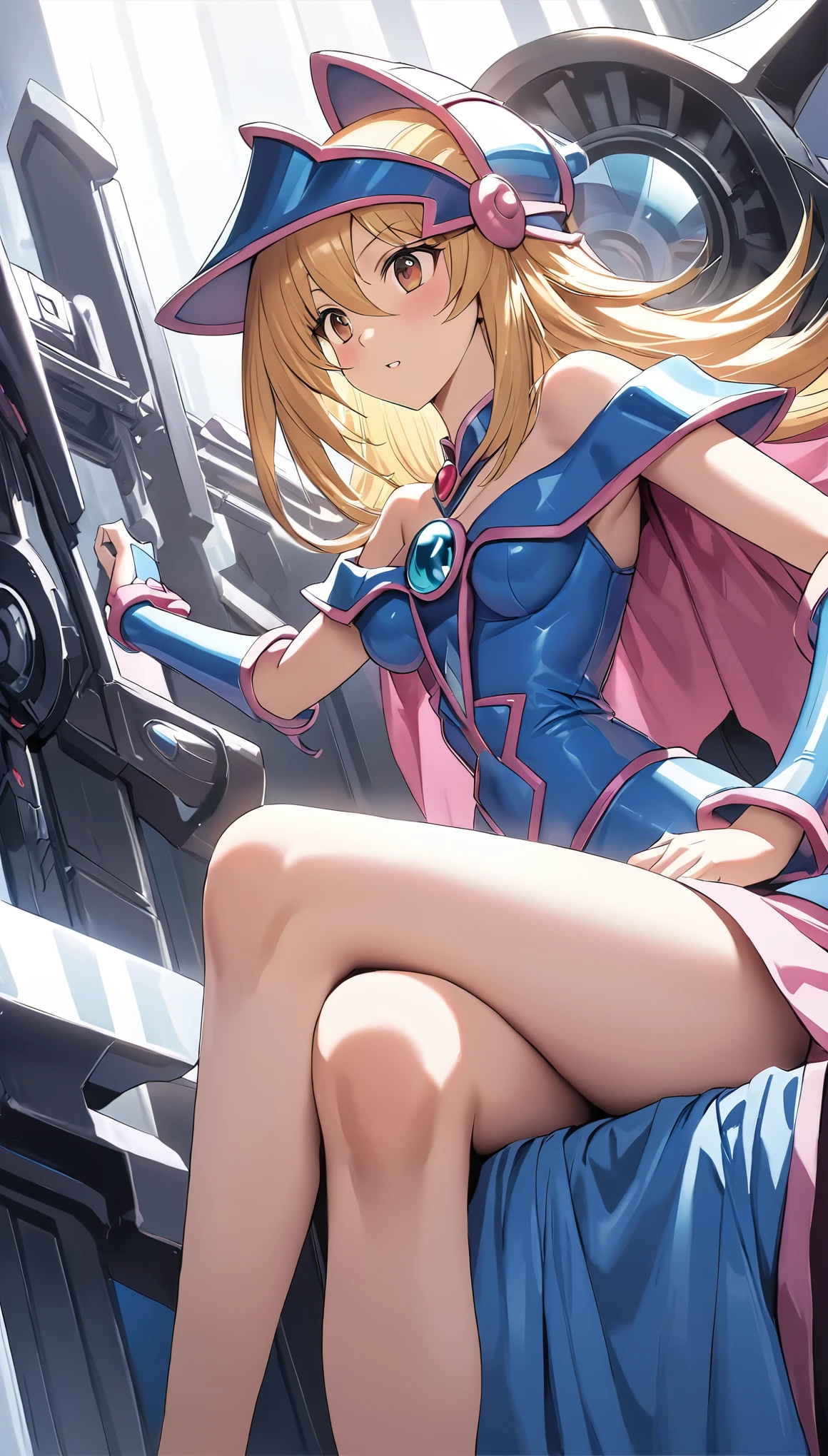 Dark magician girl NSFW, glass cover, upper body, side shot, alternate color, masterpiece, detailed illustration, lifelike, Pixiv top quality, exquisite, {{{Cute 1dark magician girl}}}, super beauty merging with the machine, elaborate shabby chic pattern, beautiful and shiny woman, half of my body is made of machine, transparent glass body, the machine inside is transparent, cinematic lighting, dynamic angle, dynamic pose, MAGIC World, depth of field. Magic macaw at the bottom. Magic hearts showing your body from head to toe, sit on the throne, sexy crossed legs, blonde hair INTERACTING WITH LUCID MAGIC