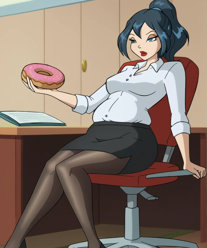 Tall bl_oom, 1girl, blue eyes, red lips, tight tied ponytail hair, hair up, blue eyes, black pencil skirt, dress shirt, (black tights), Tall chubby body, bulge_belly, belly focus, Surfeit, furrowed brow, red lips (belly_rolls), [stuffed_belly], ((holding donut)), sitting in office, leaning back in chair, fancy office background with lots of windows, outgrowing clothes, surfeit to eat, half closed eyes,eyes focus,
