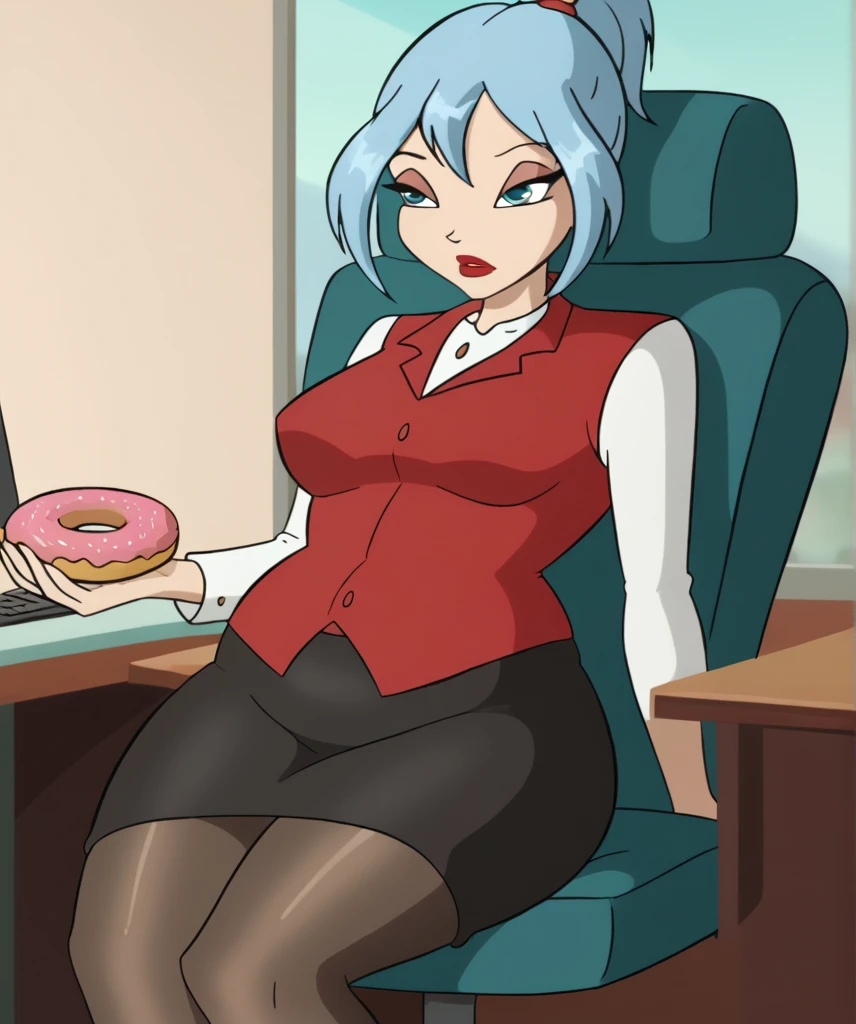 Tall bl_oom, 1girl, blue eyes, red lips, tight tied ponytail hair, hair up, blue eyes, black pencil skirt, dress shirt, (black tights), Tall chubby body, bulge_belly, belly focus, Surfeit, furrowed brow, red lips (belly_rolls), [stuffed_belly], ((holding donut)), sitting in office, leaning back in chair, fancy office background with lots of windows, outgrowing clothes, surfeit to eat, half closed eyes,eyes focus,
