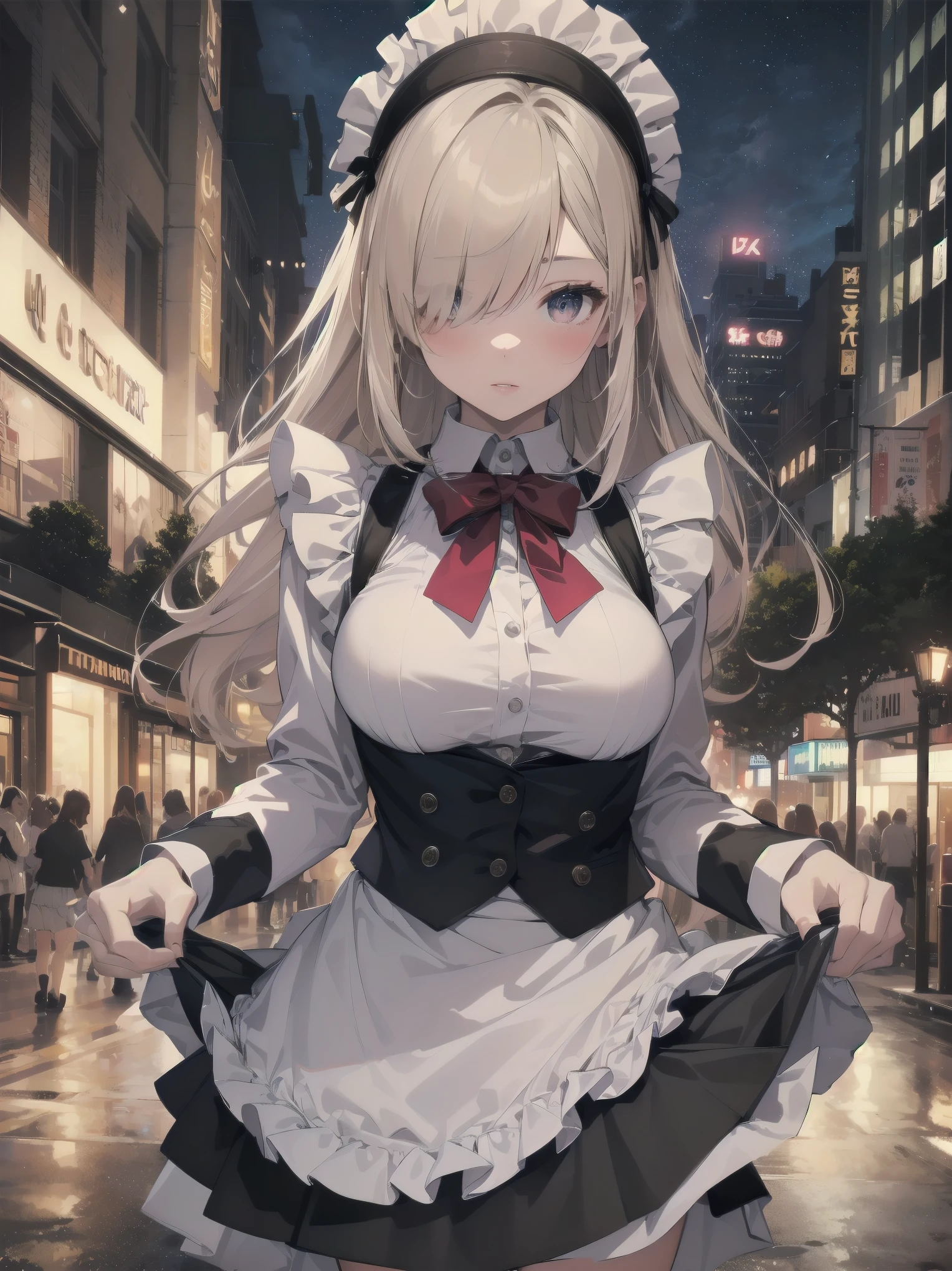 Highly detailed CG Unity 8k wallpaper, Top quality, Highly detailed, Masterpiece, Highly detailed pretty girl, , (((lifting skirt by herself))), (lifting skirt by herself)), dynamic angles, sexy pose, blush, lips apart, looking at audience, half body shot, (crowd), (crowded big city)), hair over one eye, immaculate beauty, less revealing maid outfit, classical maid fashion