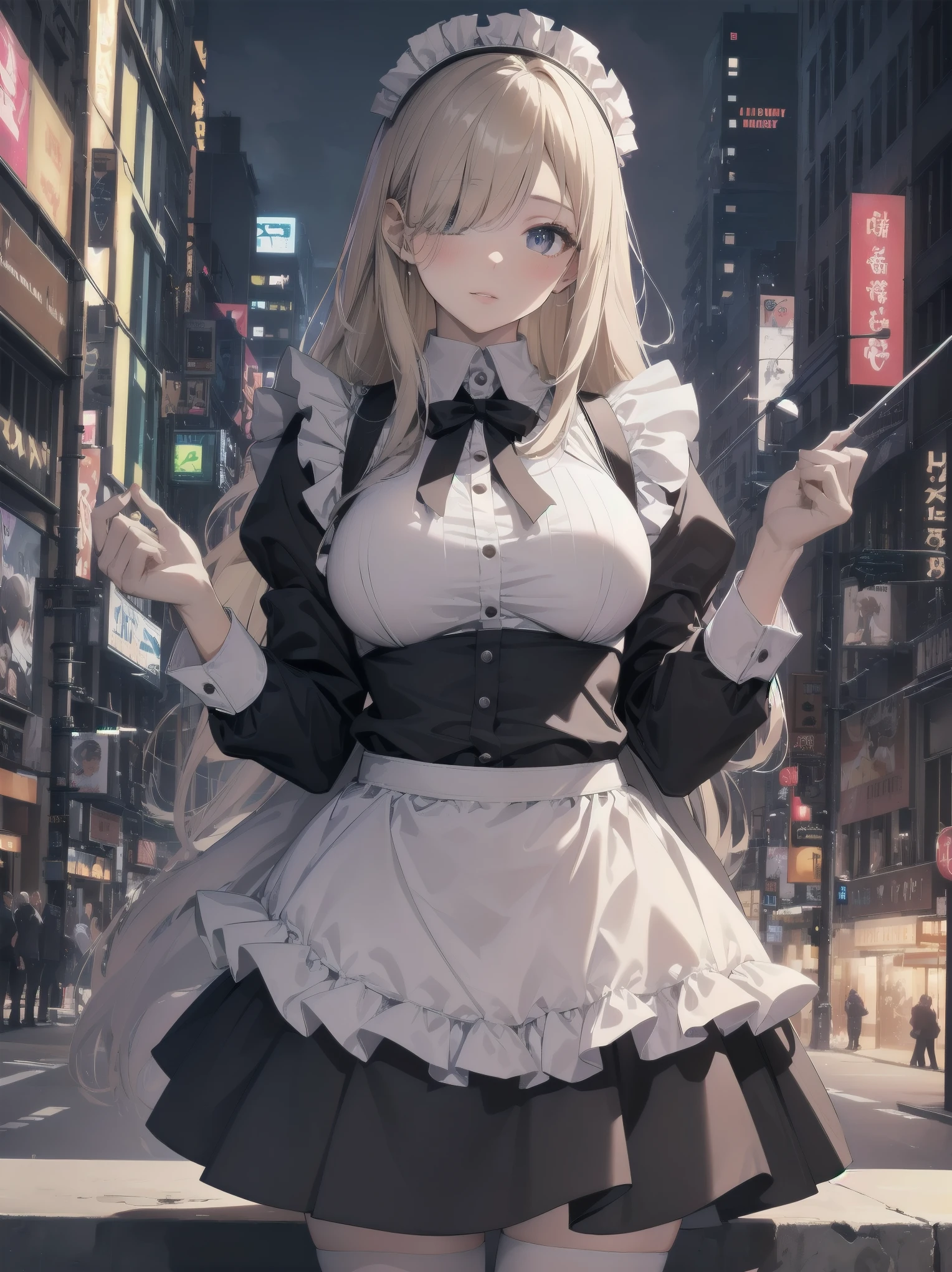 Highly detailed CG Unity 8k wallpaper, Top quality, Highly detailed, Masterpiece, Highly detailed pretty girl, 8 years old, (((lifting skirt by herself))), (lifting skirt by herself)), dynamic angles, sexy pose, blush, lips apart, looking at audience, half body shot, (crowd), (crowded big city)), hair over one eye, immaculate beauty, less revealing maid outfit, classical maid fashion