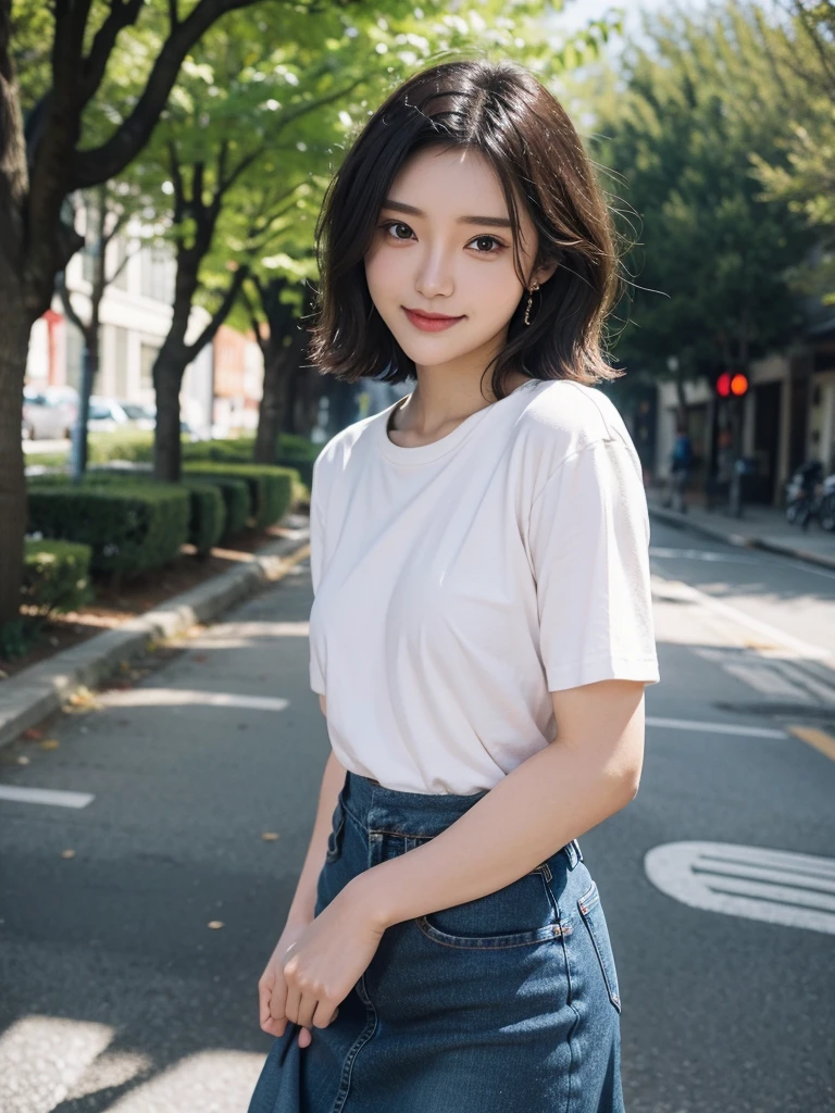 top-quality、masterpiece、超A high resolution、(realisitic:1.4)、Beautuful Women1、Beautiful detail eyes、smile、Light brown short-cut hair, She is Wearing a shirt posing for a photo, gorgeous chinese model, photo of girl model, IG-Modell, beautiful female model, on the street, shirt, red shirt