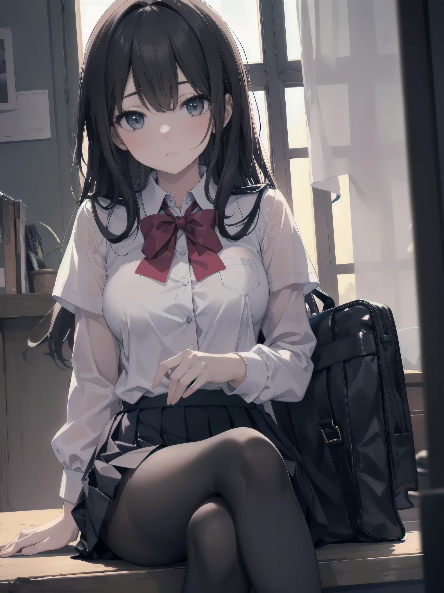 finest, masterpiece, High resolution, (Full body view from head to toe), front, frontやや下からの構図, symmetry, 18 year old tall girl, alone, (whole body from head to toe), (small breasts), Unkempt brown hair, bangs, (black tights), (black pantyhose), (sit with legs spread), (squatting pose), (Composition showing white panties), (her legs spread、I can see white panties.), (I was made to sit on the floor with my legs spread apart.), (M-shaped spread legs), thin legs, A very beautiful and tall 18 year old girl, (not wearing shoes), blush, shy big eyes, looking at camera, blazer uniform, plaid pleated skirt