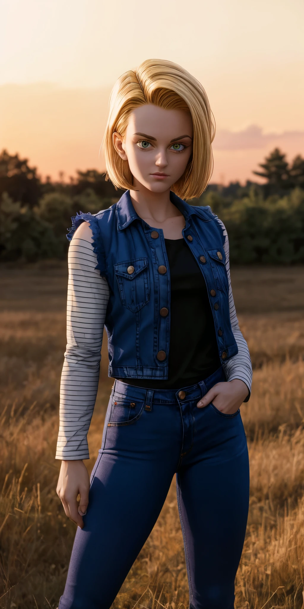 A highly detailed, photorealistic image of Android 18 from Dragon Ball Z. She is wearing a denim vest, black shirt, and blue jeans, with her blonde hair styled in a bob cut. The scene takes place outdoors, under soft natural lighting during golden hour, enhancing her delicate features. The camera uses a 135mm lens for a medium shot from the front, capturing her confident pose as she stands against a sunset sky with vibrant colors. The image is rendered in 8K resolution with UHD clarity, showing every detail of the clothing, facial expression, and surrounding environment.