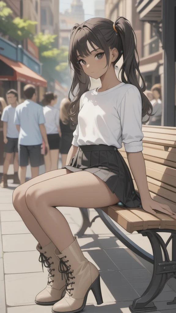 (((Adult transgender woman)): (off skirt, topless, no under panties, Black eyes, showing the whole body, small breasts, Dark skin, brown skin, ((Black short wavy hair, pigtails)), ((High heel Beige boots)). Closed mouth )); full body shot, ((sitting on a bench)), city background. High quality. 4k, 8k, many details. Masterpiece, accurate, anatomically correct, posing, detailed background, better quality, original work Focus on details, people's watching around, Front view, open legs, pussy exposed, pussy view, nipples, hand in hair