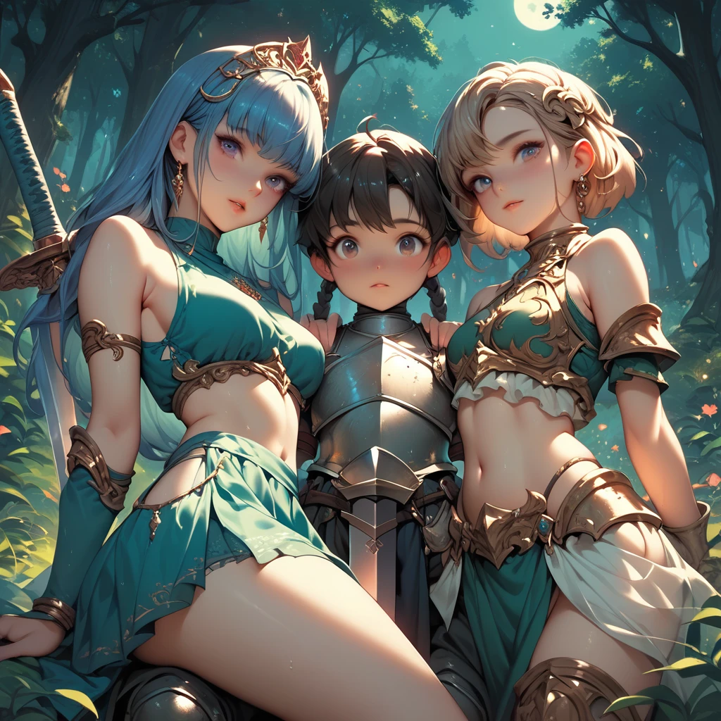 A group of young female knight, (in forest), various hair styles, harem, wearing armored clothes, metal armor, night, details face, , short skirt, seducing, sword, sleeveless , showing armpits
