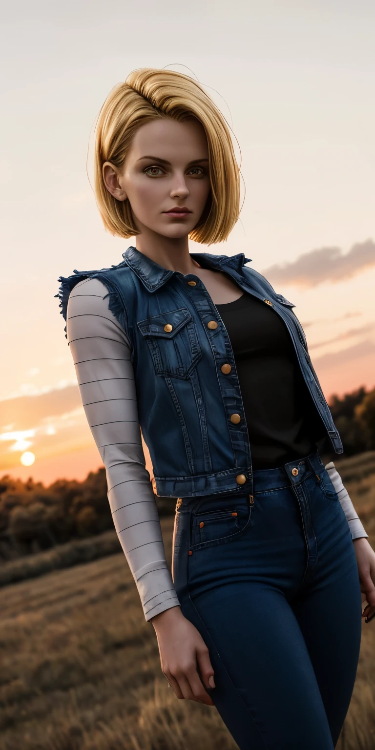 A highly detailed, photorealistic image of Android 18 from Dragon Ball Z. She is wearing a denim vest, black shirt, and blue jeans, with her blonde hair styled in a bob cut. The scene takes place outdoors, under soft natural lighting during golden hour, enhancing her delicate features. The camera uses a 135mm lens for a medium shot from the front, capturing her confident pose as she stands against a sunset sky with vibrant colors. The image is rendered in 8K resolution with UHD clarity, showing every detail of the clothing, facial expression, and surrounding environment.