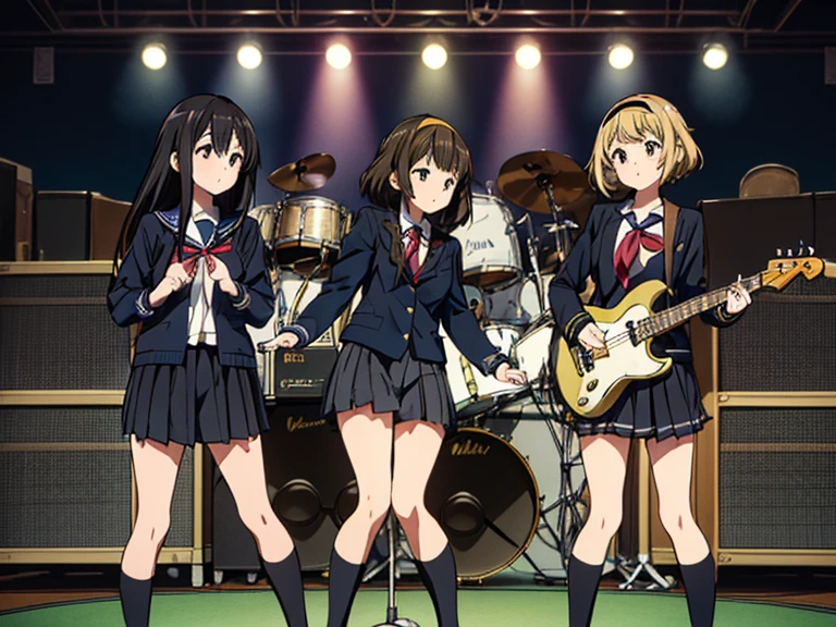 ((masterpiece:1.3)), (best quality), ((extremely detailed:1.1)), 5 girls, there are five girls in school uniforms playing music together, Girl band illustration, rock band, band playing instruments, (A dynamic performance:1.3), K-ON!, band name is "After School Tea Time", band promo, high school girls, ((All of them are wearing navy blazers and grey pleated skirts:1.3)). happy!!!, band playing, (**Yui Hirasawa, Her hair is brown and bob cut, She has a yellow hairpin holding her right bangs in place, Black Pantyhose, Grey neckerchief, have a Gibson Les Paul Standard**). (**Mio Akiyama, She has long straight black hair, Her bangs are cut in a hime style, Grey neckerchief, Black knee-high socks, have a Fender Jazz Bass left-handed model**). (**Tainaka Ritsu, She has short brown hair with a yellow headband and her forehead is exposed, White ankle socks, Grey neckerchief, Plays the drums**). (**Kotobuki Tsumugi, She has thick semicircular eyebrows, and long wavy hair that is a light color almost blonde, Fair skin, Grey neckerchief, White ankle socks, Keyboard player**). (**Azusa Nakano, She has long twin-tailed, slightly bluish black hair, Black knee-high socks, red neckerchief, Plays rhythm guitar**). 