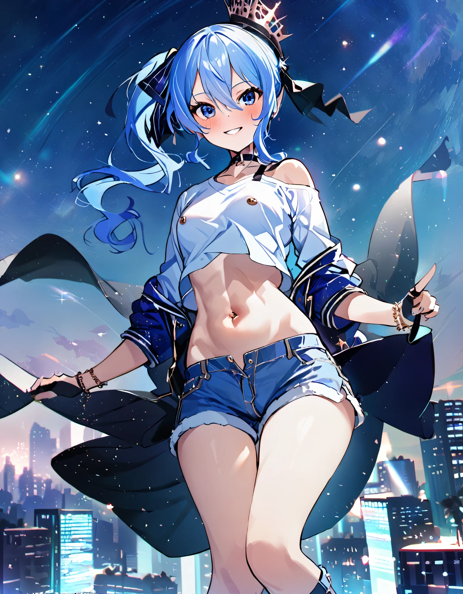 (8k、Best image quality、highest quality、masterpiece)、Detailed face、 1teen_girl、Blue Hair、Long Hair、sideponytail、dark_blue_eyes、smile,(navel_peek)、(small_breasts:0.8),(White_short_T-shirt:1.3)、Off the shoulder、Black shoulder straps、(open_front_shorts,denim_short_shorts:1.2)、City Background, starry_sky_landscape ,hoshimachi suisei,(covered_nipples:0.3), (belly_button:1.2),nihil,solo,stargaze,girl_looking_up_sky,slender,solo,boots,abs, tight_waist, point_to_sky