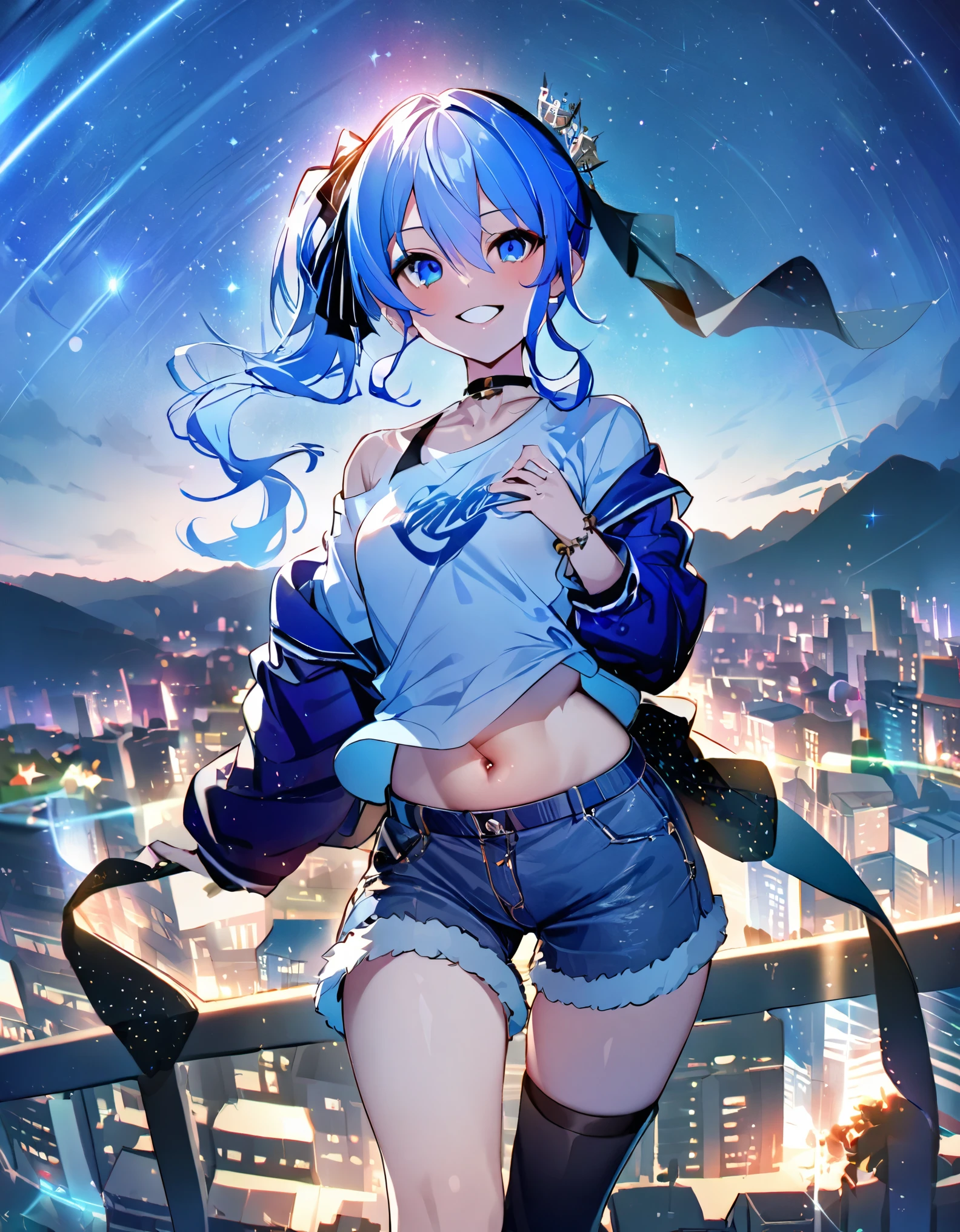 (8k、Best image quality、highest quality、masterpiece)、Detailed face、 1teen_girl、Blue Hair、Long Hair、sideponytail、dark_blue_eyes、smile,(navel_peek)、(small_breasts:0.8),(White_short_T-shirt:1.3)、Off the shoulder、Black shoulder straps、(open_front_shorts,denim_short_shorts:1.2)、City Background, starry_sky_landscape ,hoshimachi suisei,(covered_nipples:0.3), (belly_button:1.2),nihil,solo,stargaze,girl_looking_up_sky,slender,solo,boots,abs, tight_waist, point_to_sky